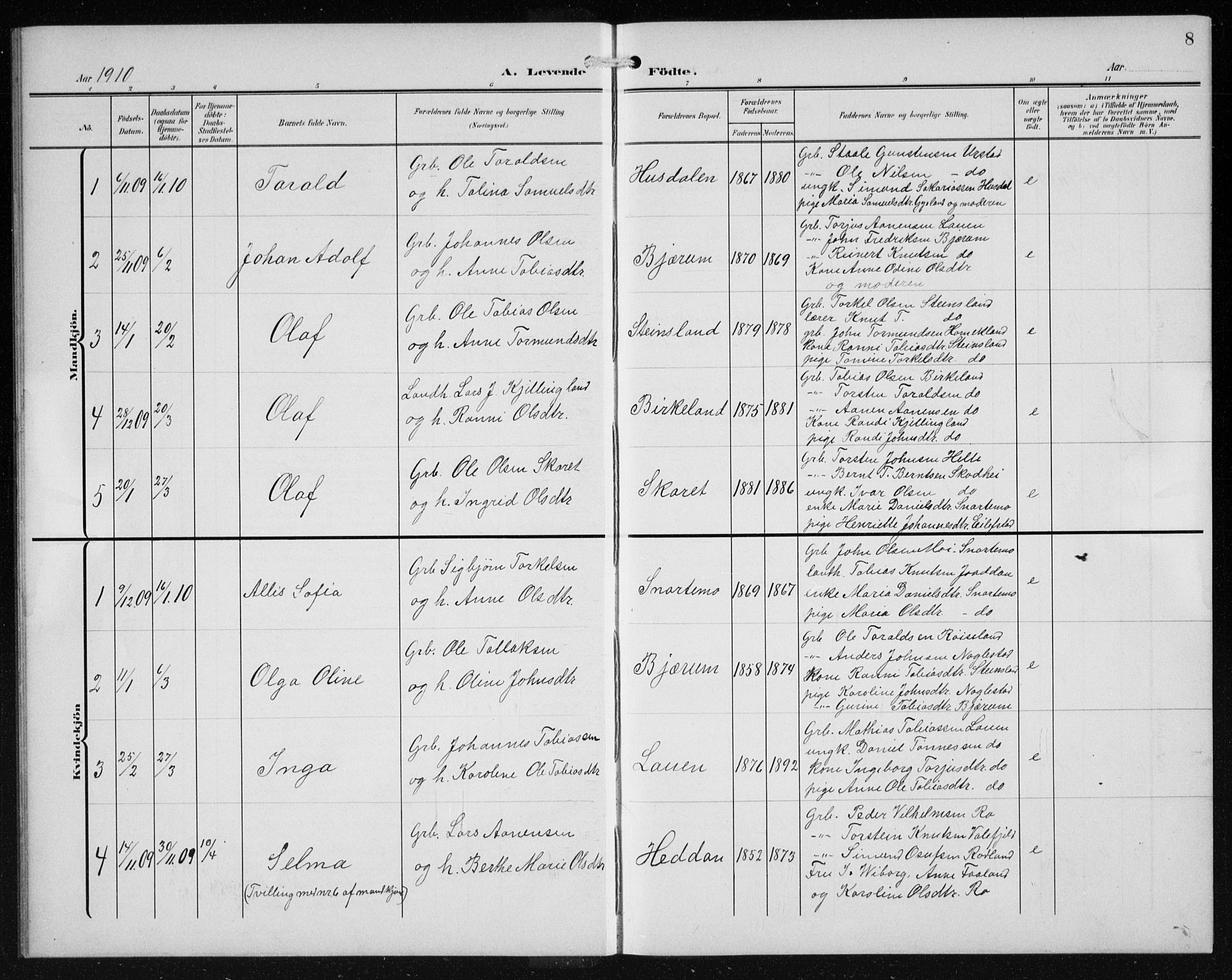 Hægebostad sokneprestkontor, SAK/1111-0024/F/Fb/Fba/L0005: Parish register (copy) no. B 5, 1907-1931, p. 8