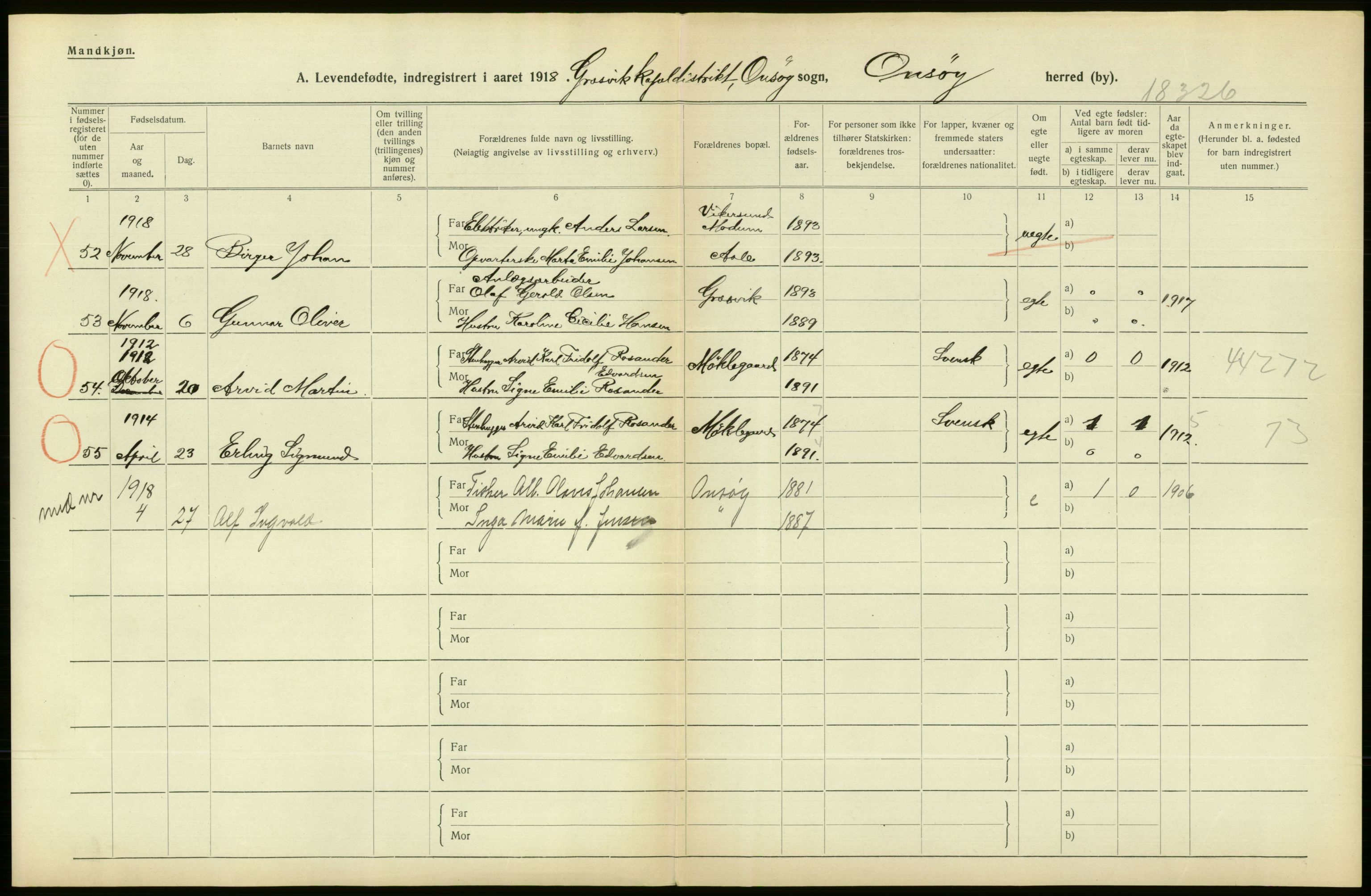 Statistisk sentralbyrå, Sosiodemografiske emner, Befolkning, RA/S-2228/D/Df/Dfb/Dfbh/L0001: Østfold fylke: Levendefødte menn og kvinner. Bygder., 1918, p. 162