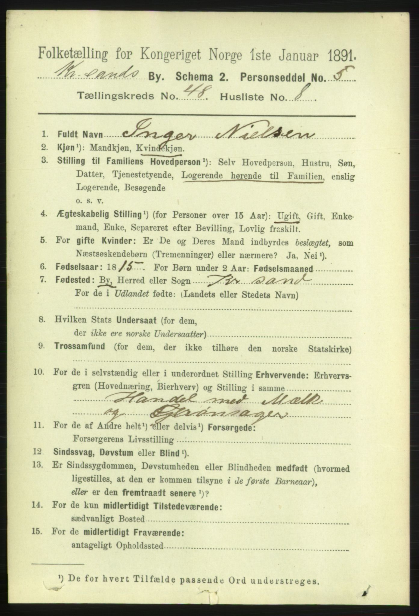 RA, 1891 census for 1001 Kristiansand, 1891, p. 14788