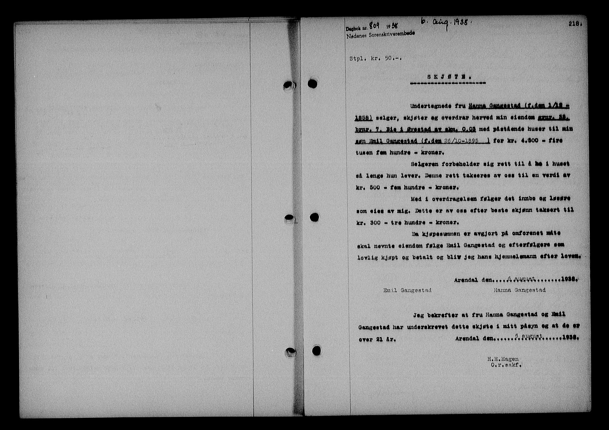 Nedenes sorenskriveri, SAK/1221-0006/G/Gb/Gba/L0045: Mortgage book no. 41, 1938-1938, Diary no: : 809/1938