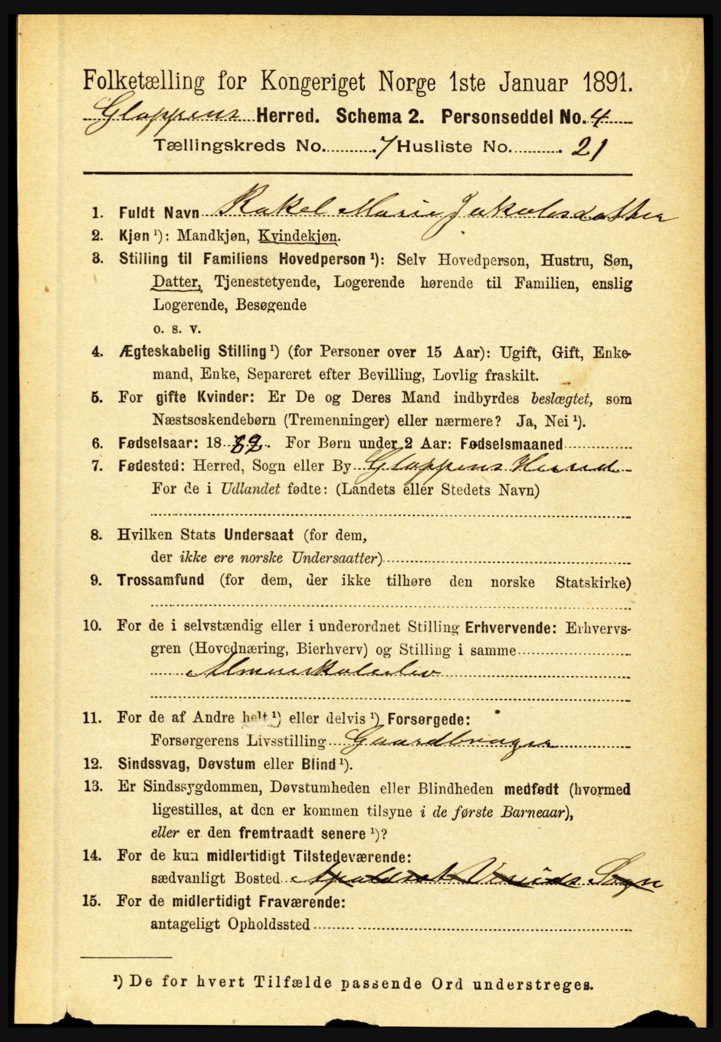 RA, 1891 census for 1445 Gloppen, 1891, p. 2783