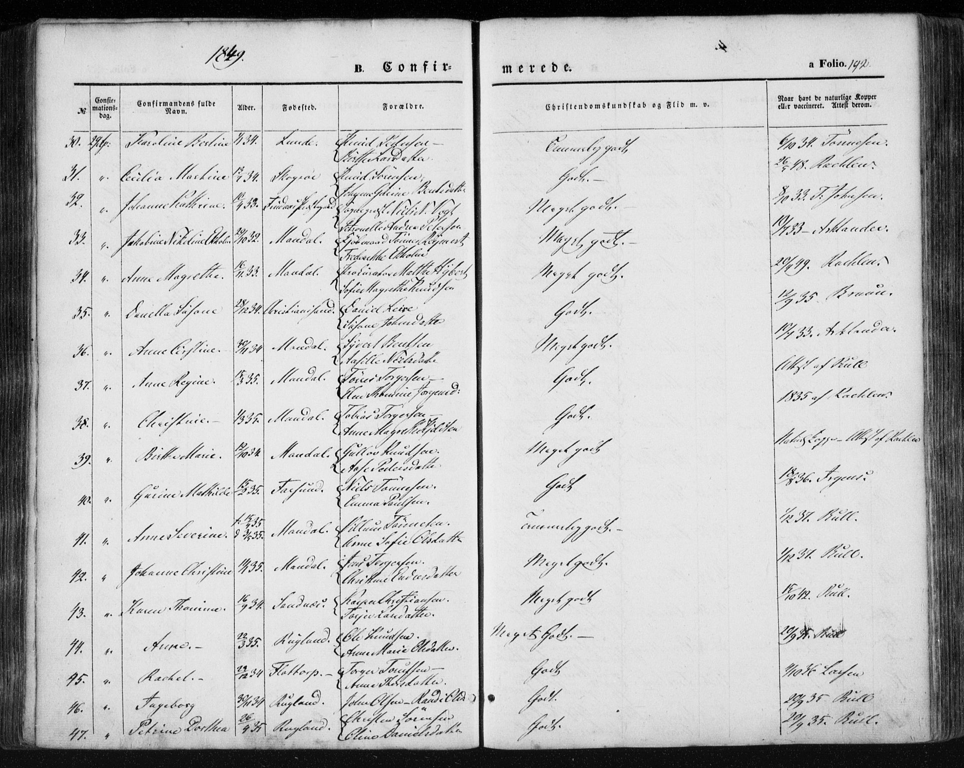 Mandal sokneprestkontor, AV/SAK-1111-0030/F/Fa/Faa/L0013: Parish register (official) no. A 13, 1847-1859, p. 192