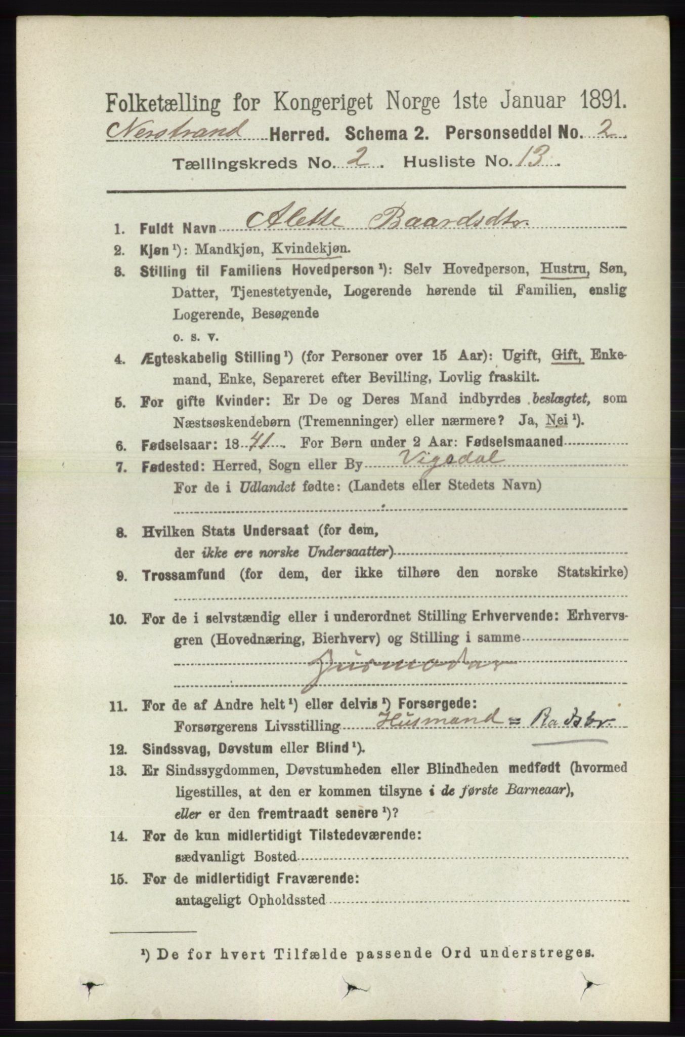 RA, 1891 census for 1139 Nedstrand, 1891, p. 309