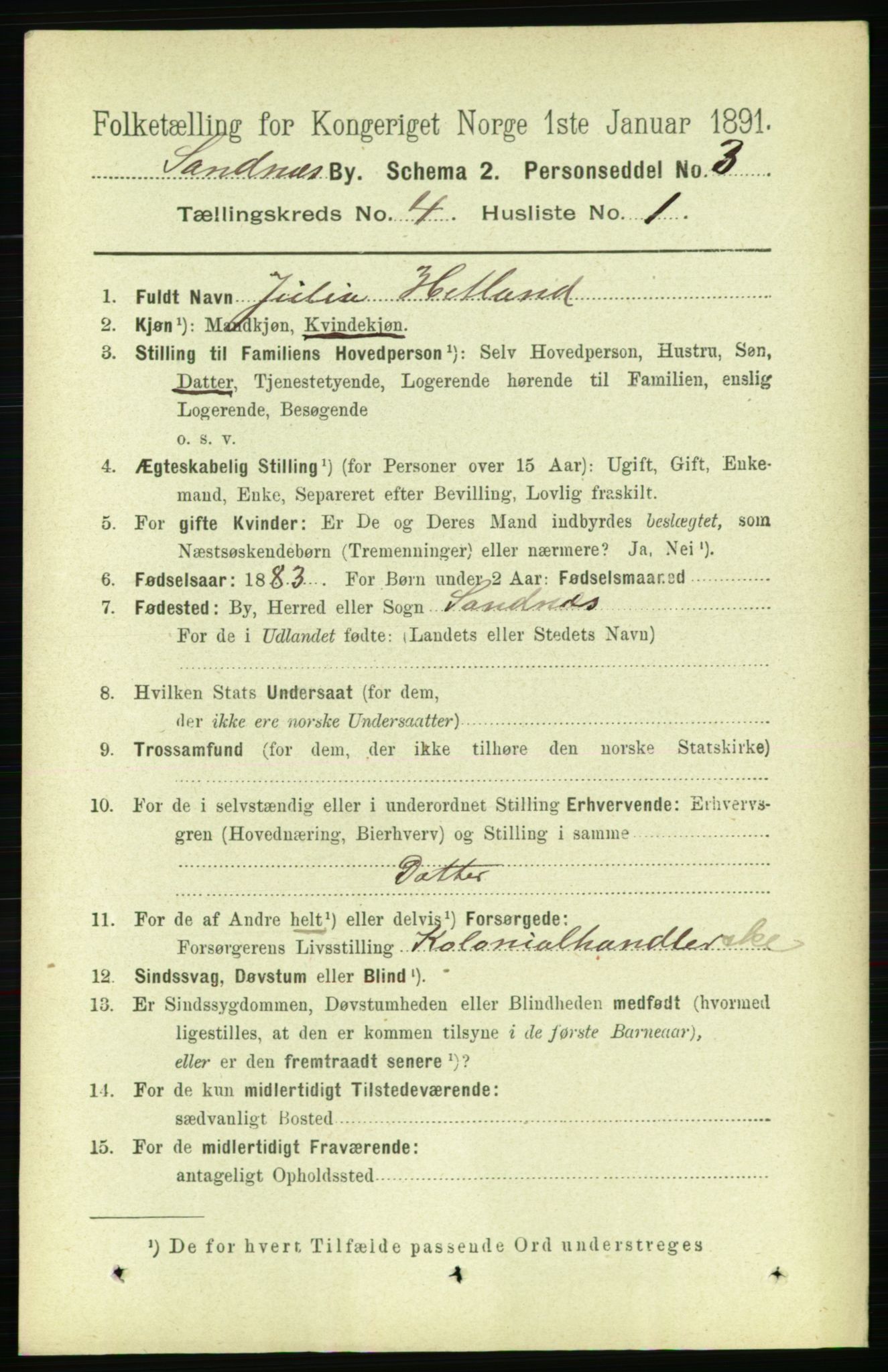 RA, 1891 census for 1102 Sandnes, 1891, p. 1742