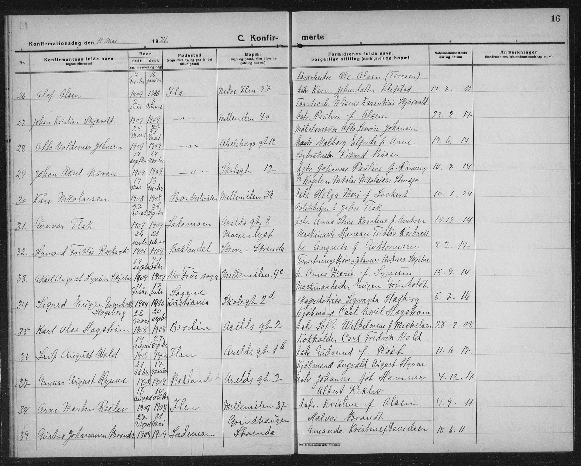 Ministerialprotokoller, klokkerbøker og fødselsregistre - Sør-Trøndelag, AV/SAT-A-1456/603/L0175: Parish register (copy) no. 603C03, 1923-1941, p. 16