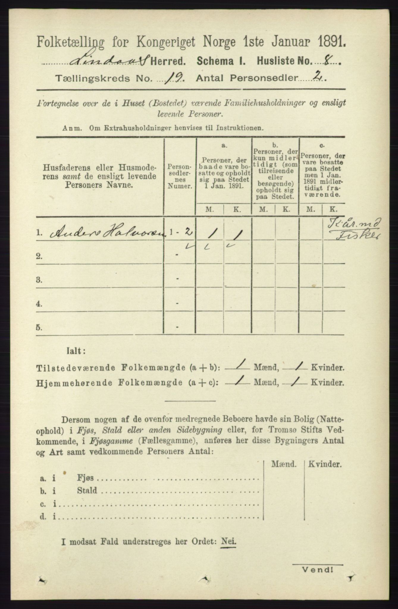 RA, 1891 census for 1263 Lindås, 1891, p. 6880