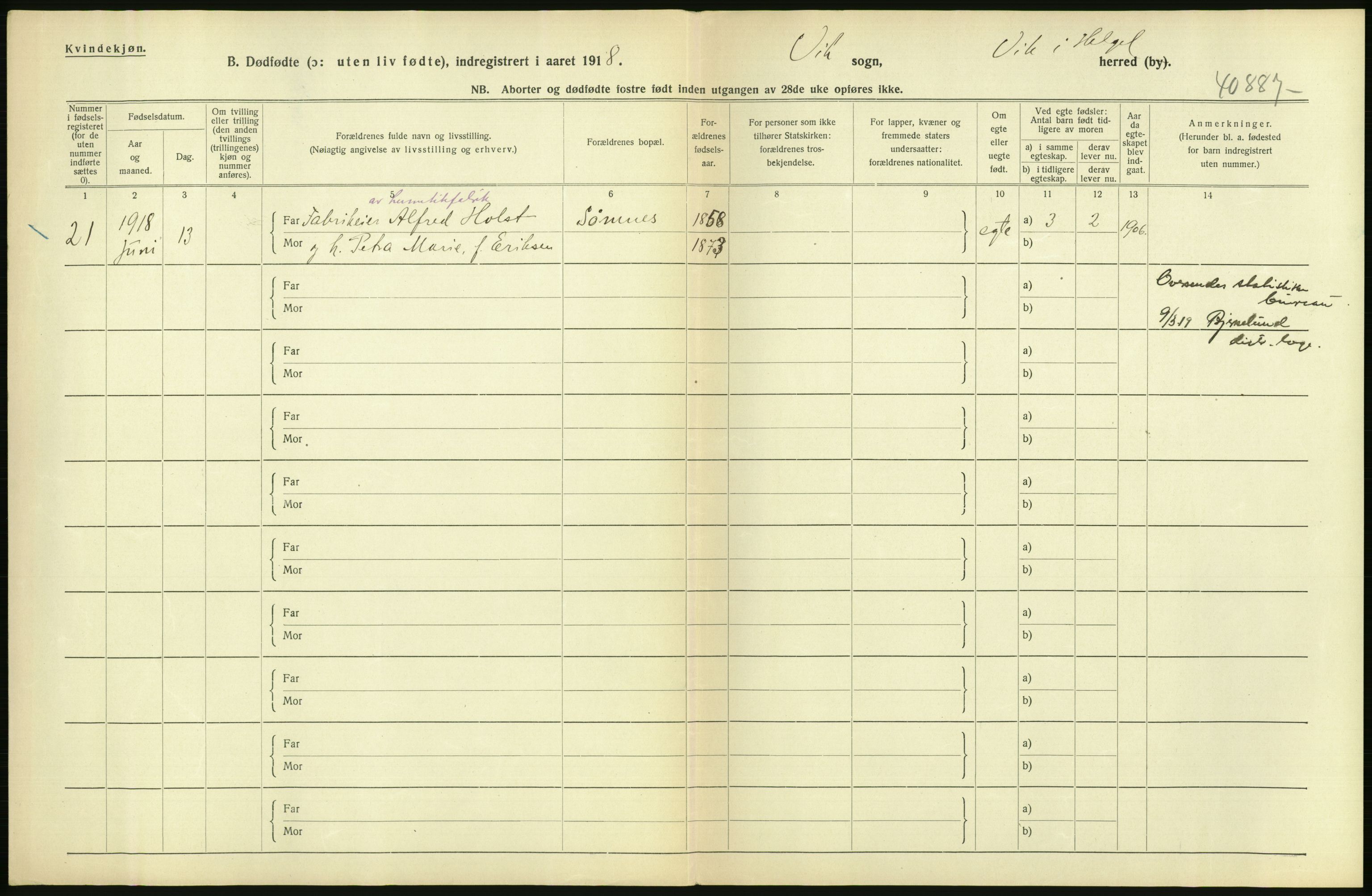 Statistisk sentralbyrå, Sosiodemografiske emner, Befolkning, AV/RA-S-2228/D/Df/Dfb/Dfbh/L0054: Nordland fylke: Gifte, dødfødte. Bygder og byer., 1918, p. 436