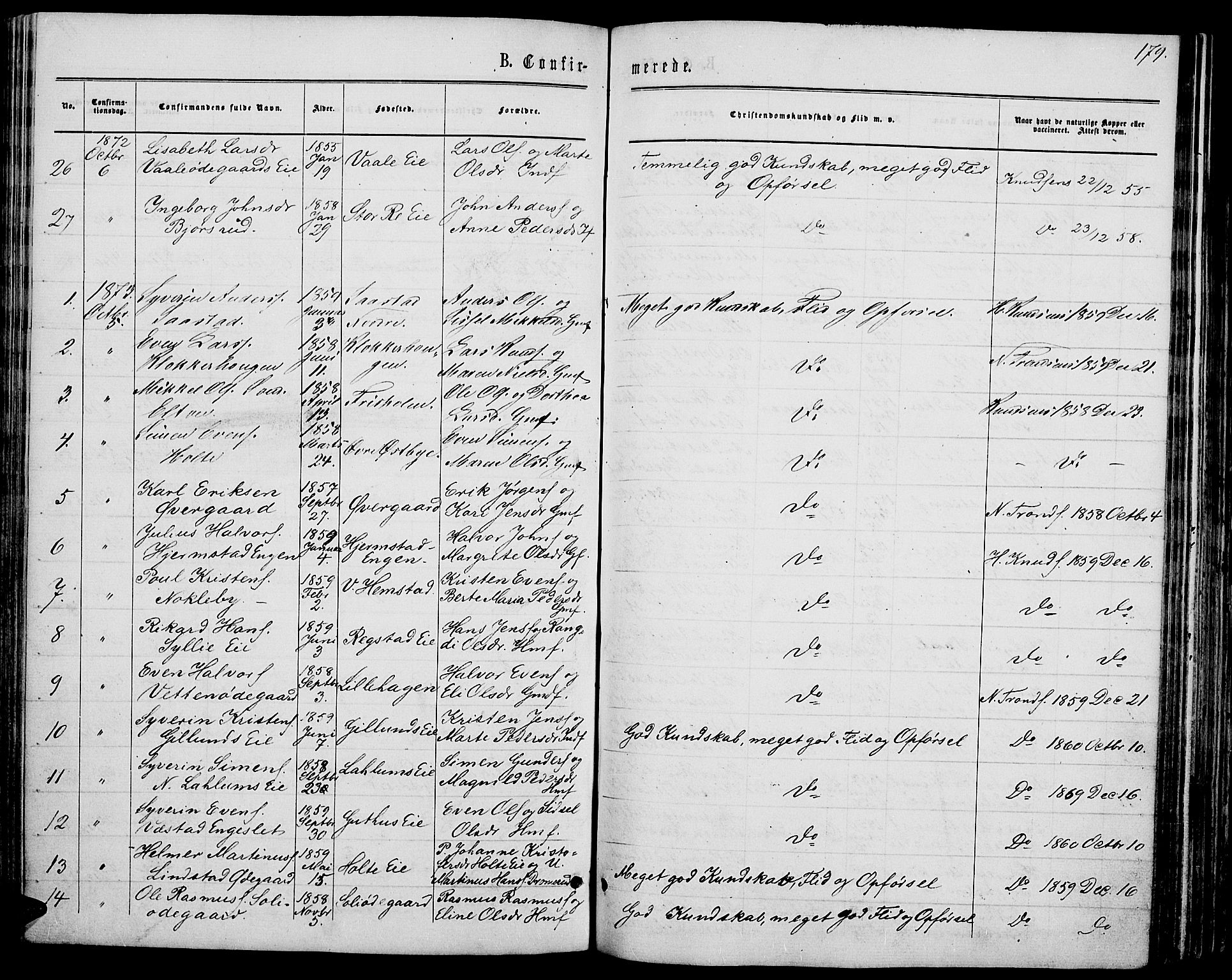 Stange prestekontor, SAH/PREST-002/L/L0006: Parish register (copy) no. 6, 1864-1882, p. 179