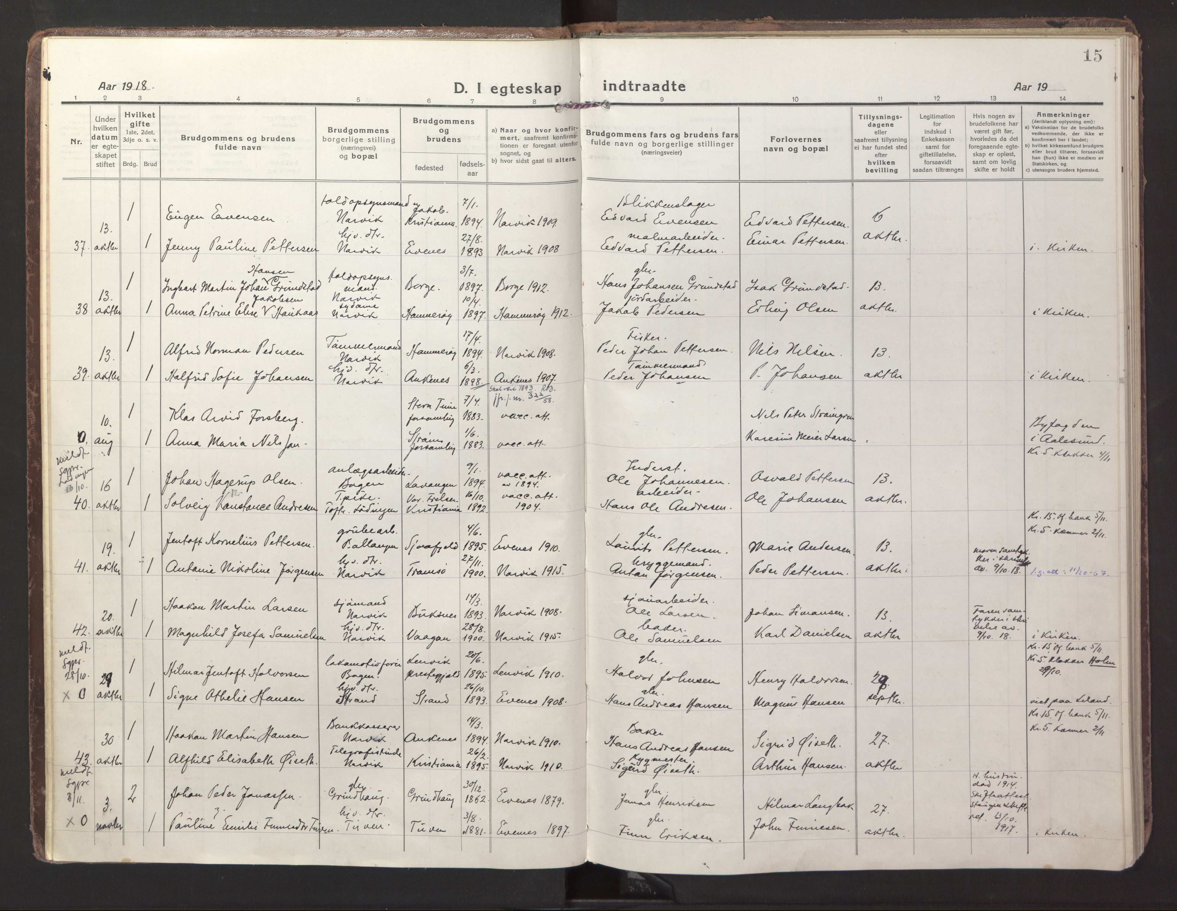 Ministerialprotokoller, klokkerbøker og fødselsregistre - Nordland, AV/SAT-A-1459/871/L1002: Parish register (official) no. 871A18, 1917-1926, p. 15