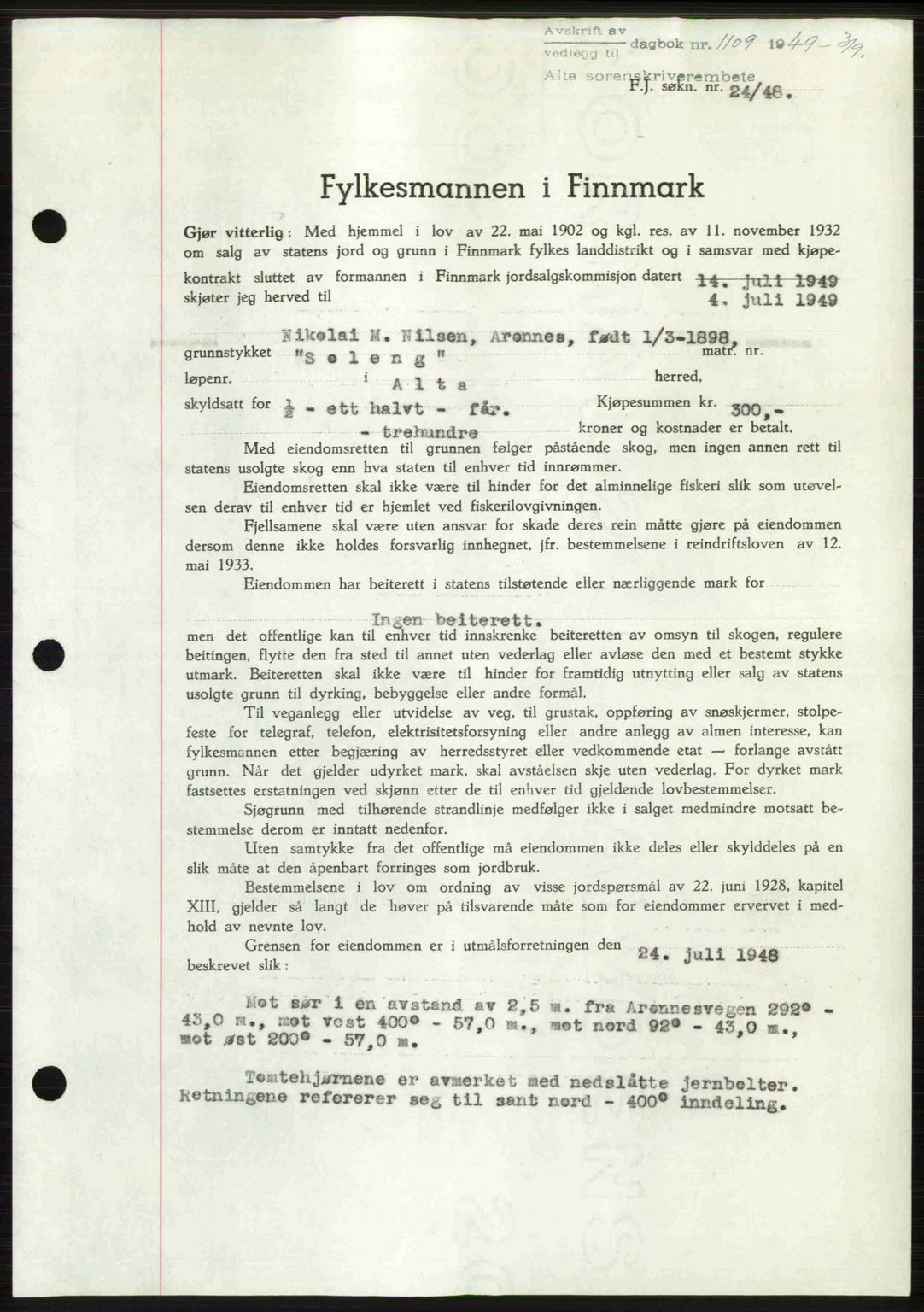 Alta fogderi/sorenskriveri, SATØ/SATØ-5/1/K/Kd/L0038pantebok: Mortgage book no. 41-42, 1949-1950, Diary no: : 1109/1949