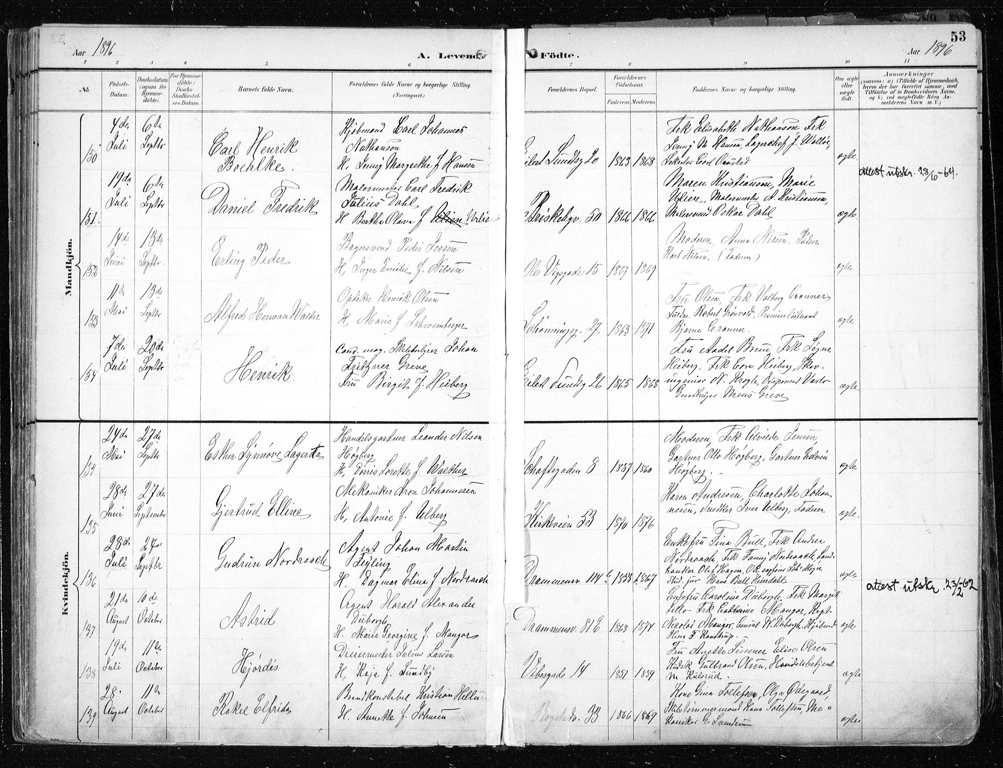 Uranienborg prestekontor Kirkebøker, SAO/A-10877/F/Fa/L0005: Parish register (official) no. 5, 1895-1907, p. 53