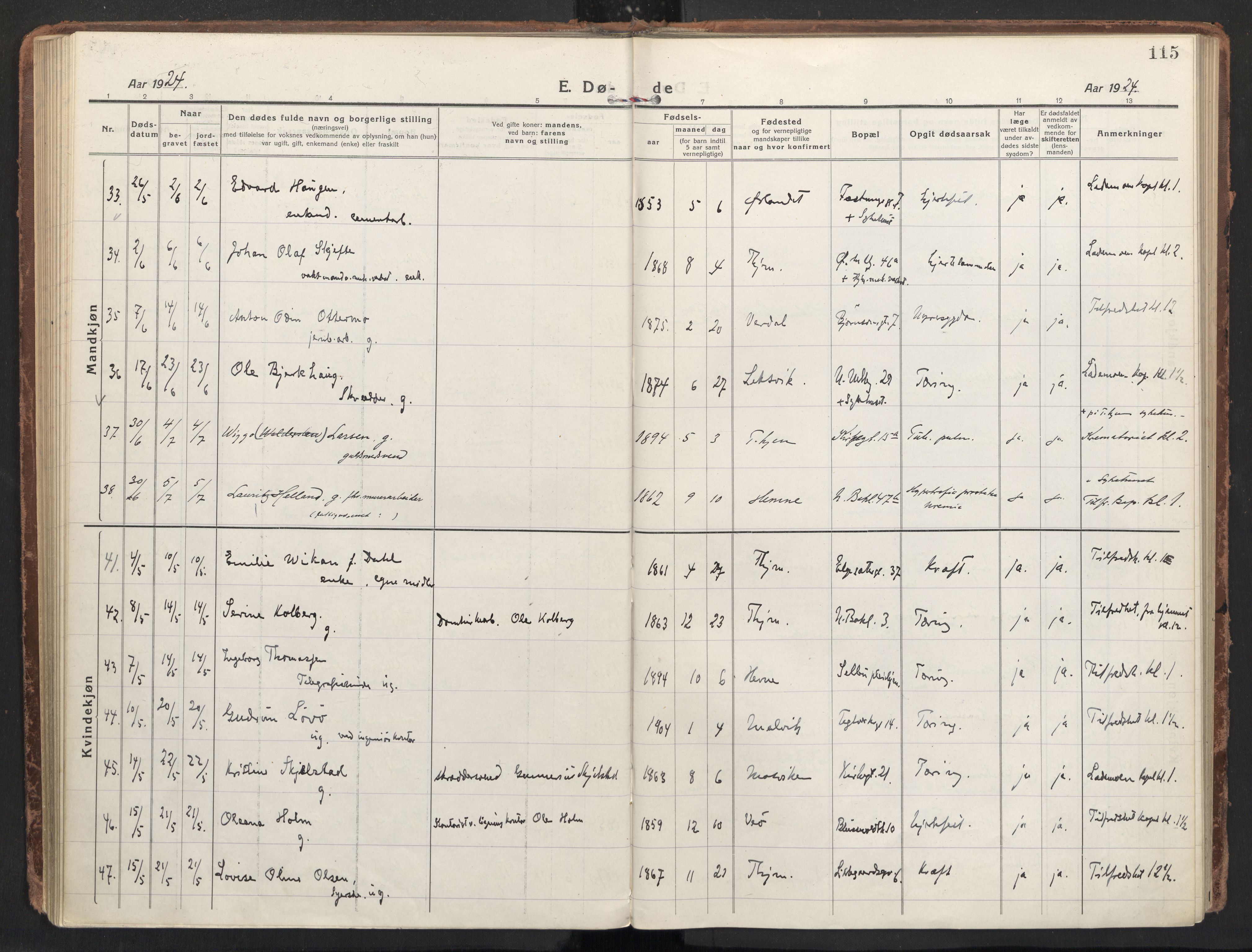 Ministerialprotokoller, klokkerbøker og fødselsregistre - Sør-Trøndelag, AV/SAT-A-1456/604/L0207: Parish register (official) no. 604A27, 1917-1933, p. 115