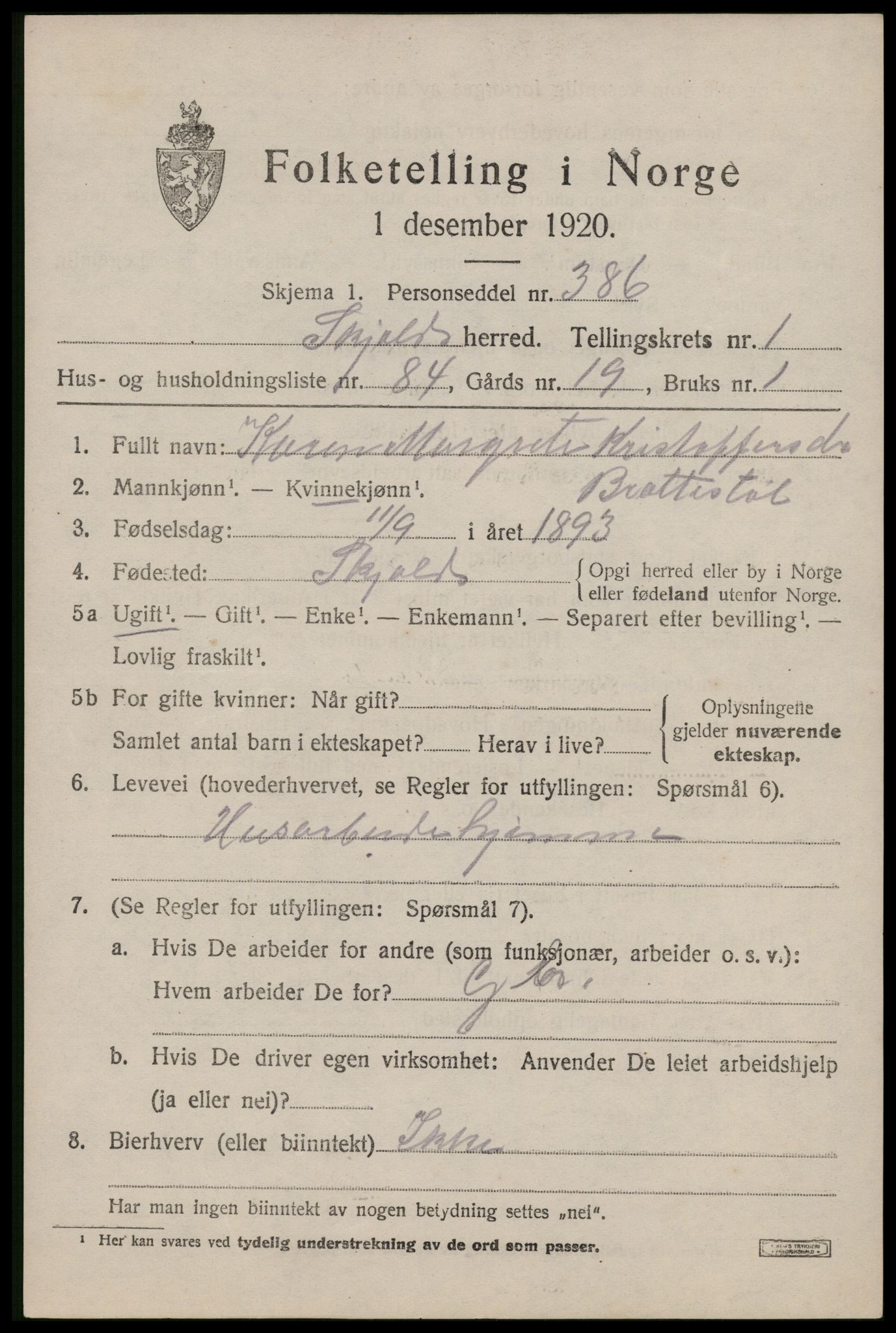 SAST, 1920 census for Skjold, 1920, p. 1684