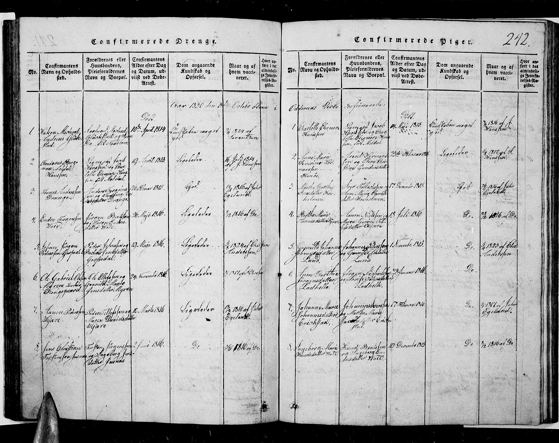 Oddernes sokneprestkontor, AV/SAK-1111-0033/F/Fb/Fba/L0003: Parish register (copy) no. B 3, 1820-1838, p. 242