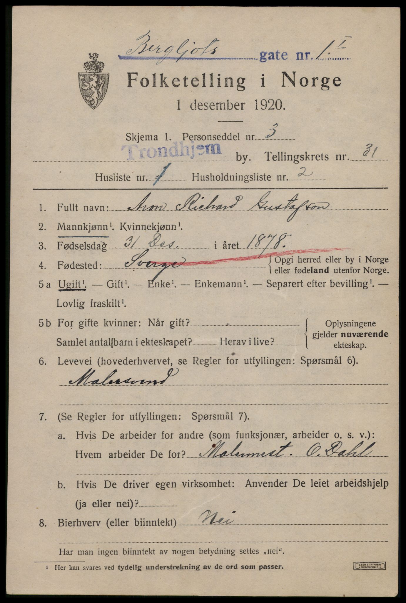 SAT, 1920 census for Trondheim, 1920, p. 76190