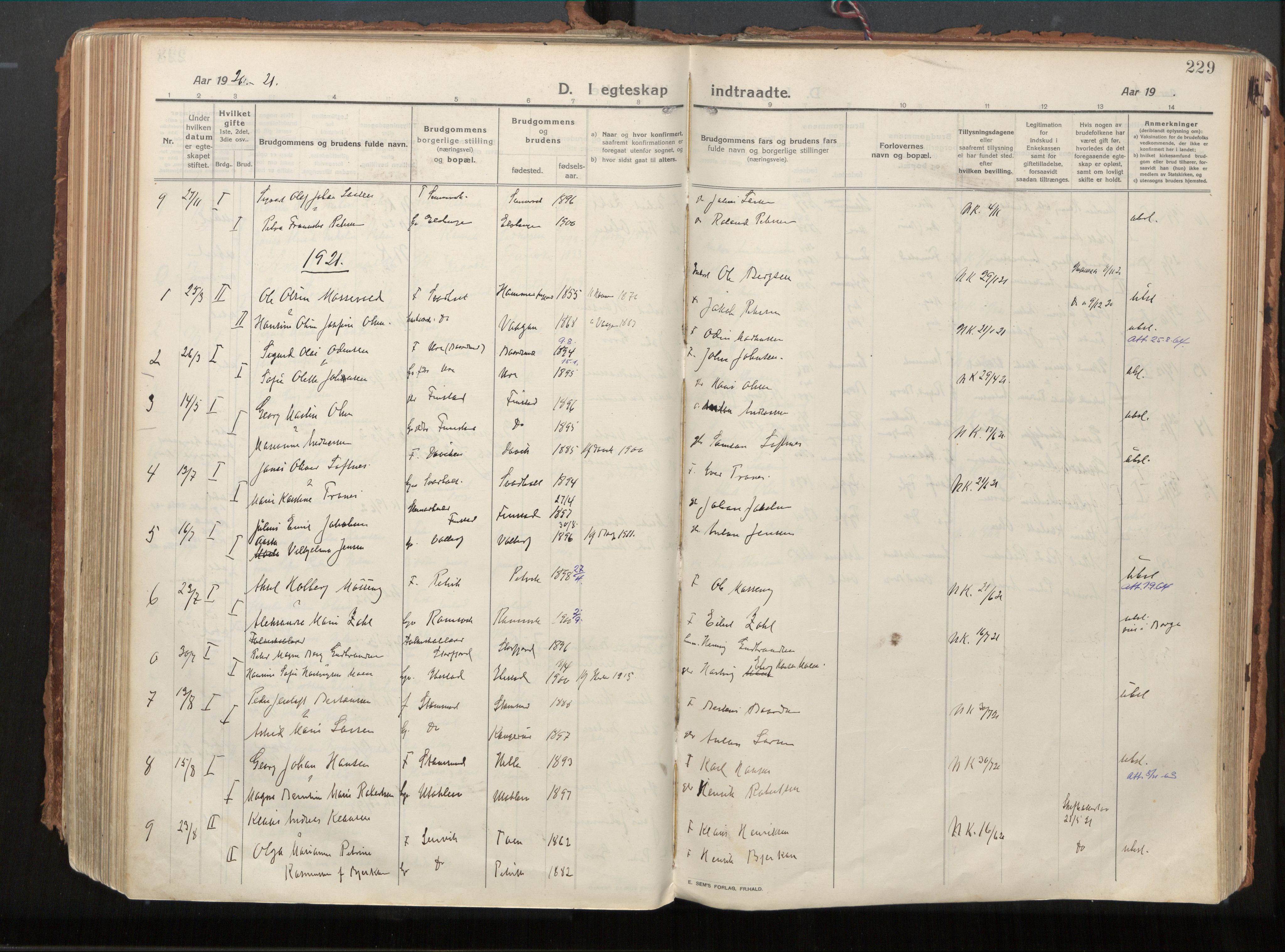 Ministerialprotokoller, klokkerbøker og fødselsregistre - Nordland, AV/SAT-A-1459/882/L1181: Parish register (official) no. 882A03, 1913-1937, p. 229