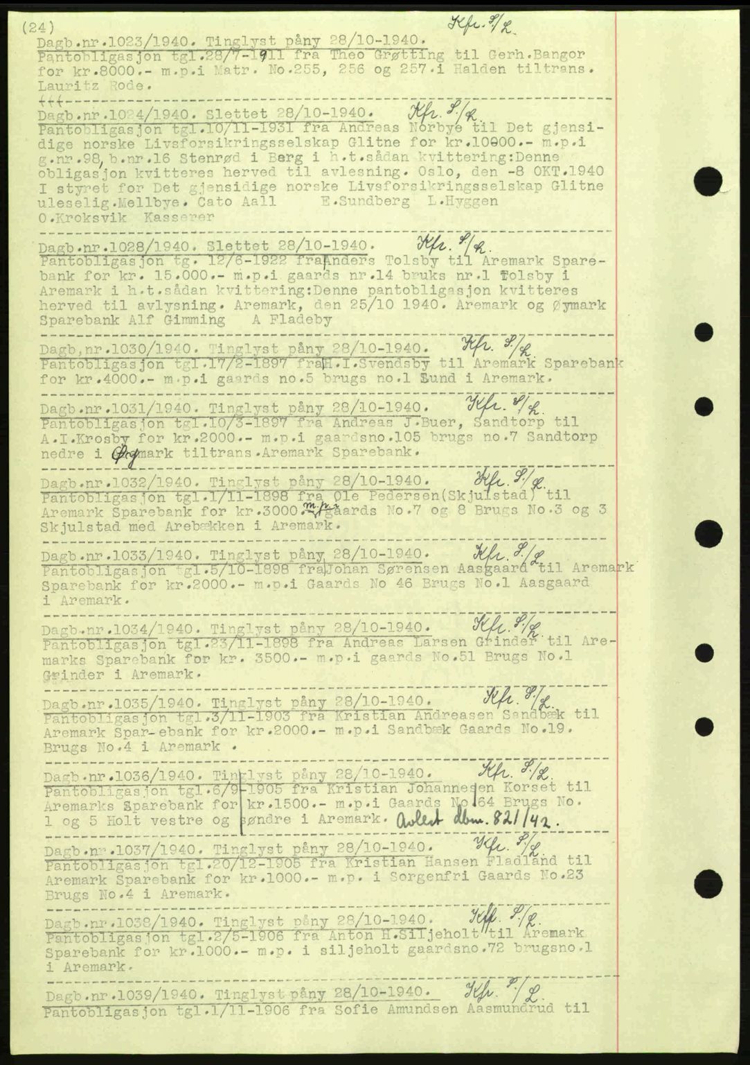 Idd og Marker sorenskriveri, AV/SAO-A-10283/G/Gb/Gbc/L0002: Mortgage book no. B4-9a, 1939-1945, Diary no: : 1023/1940