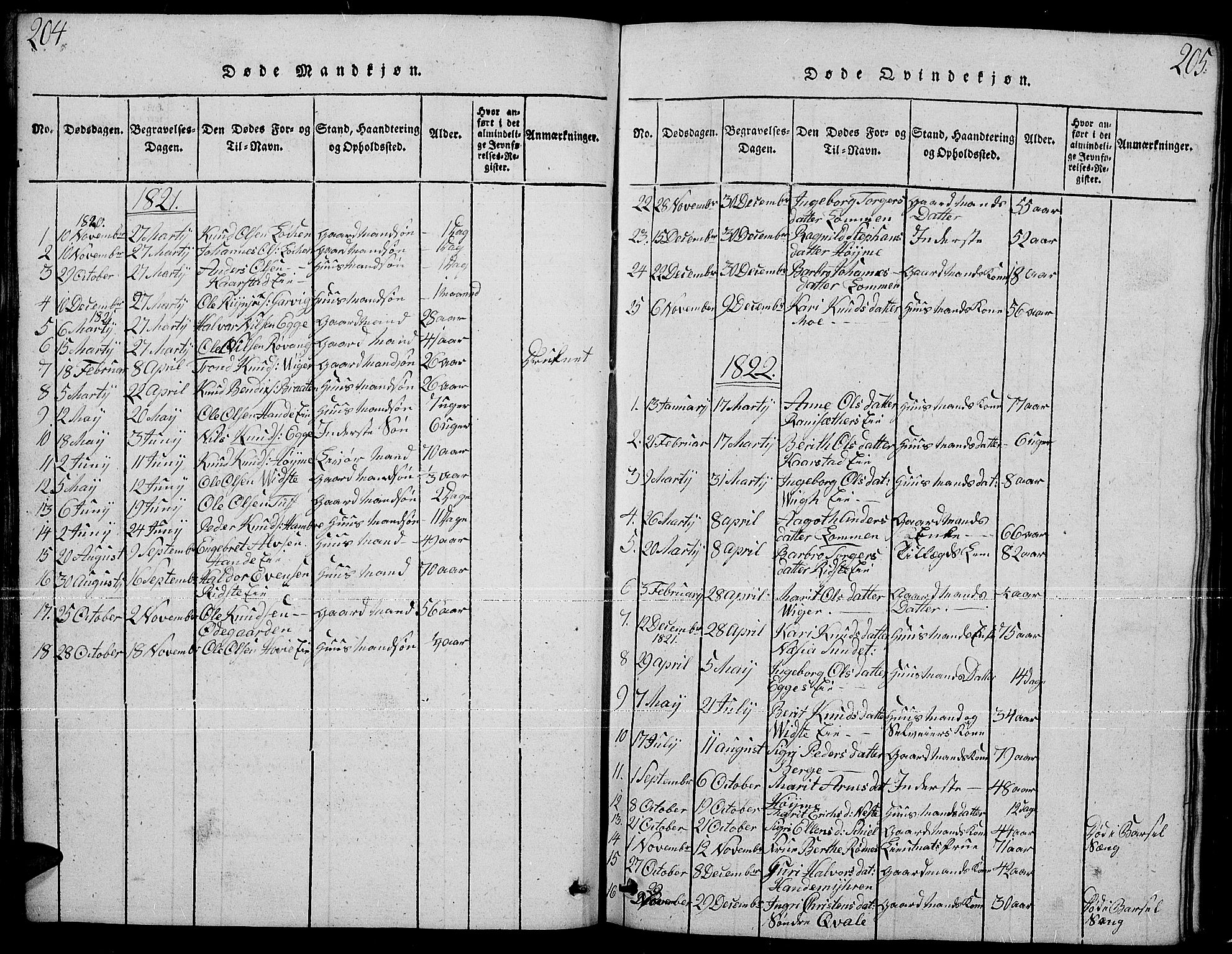 Slidre prestekontor, SAH/PREST-134/H/Ha/Hab/L0001: Parish register (copy) no. 1, 1814-1838, p. 204-205