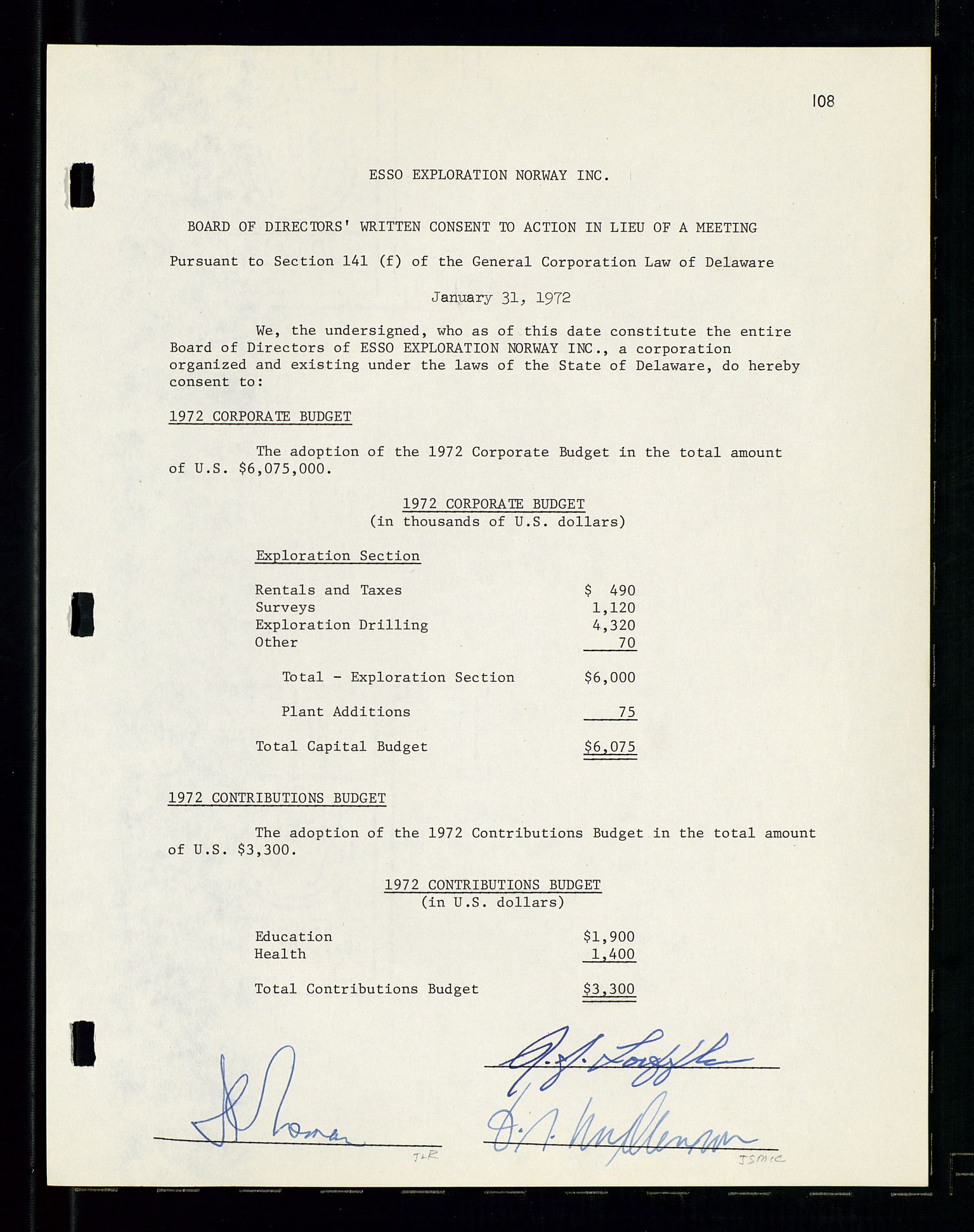 Pa 1512 - Esso Exploration and Production Norway Inc., SAST/A-101917/A/Aa/L0001/0001: Styredokumenter / Corporate records, By-Laws, Board meeting minutes, Incorporations, 1965-1975, p. 108