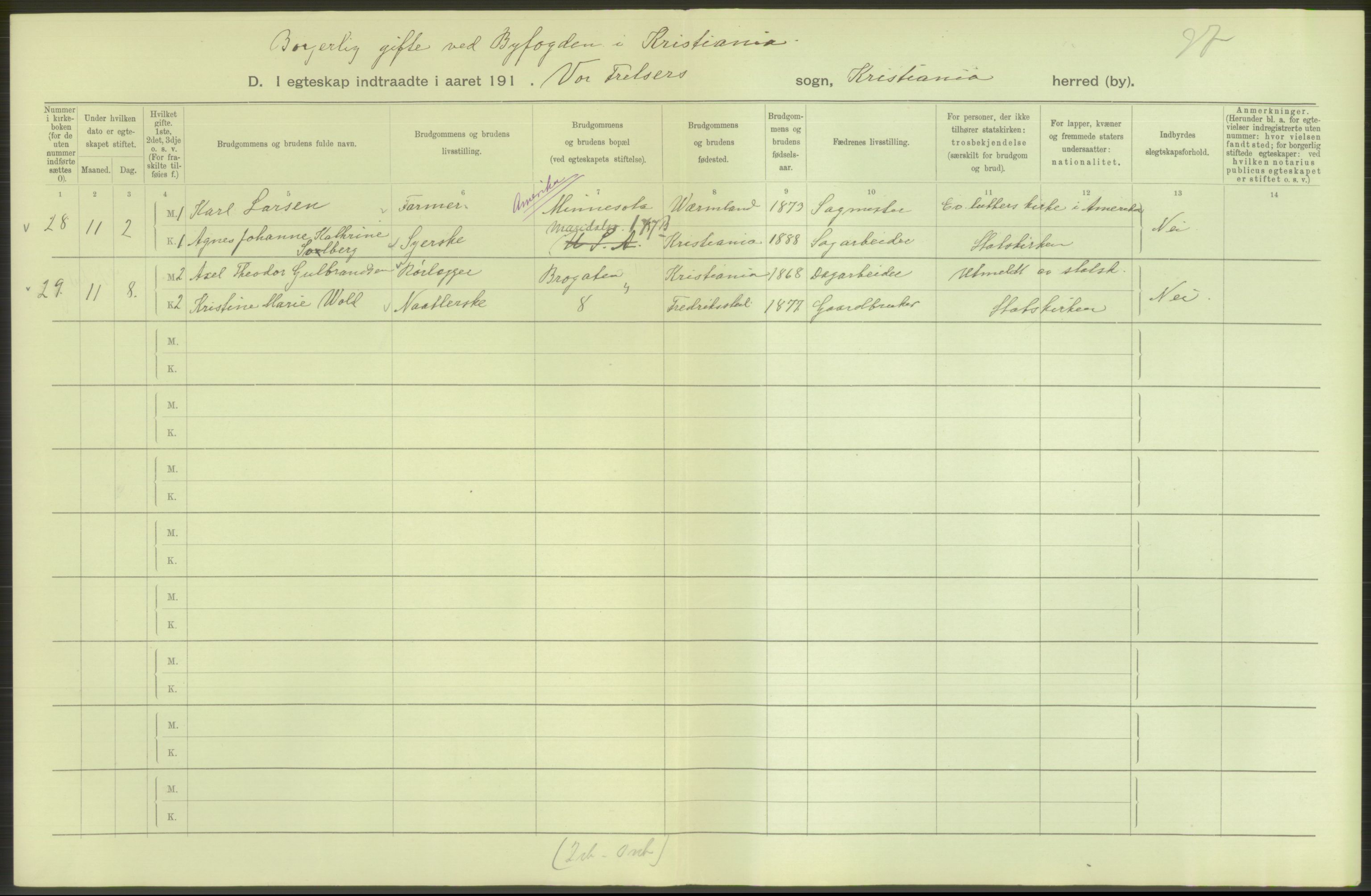 Statistisk sentralbyrå, Sosiodemografiske emner, Befolkning, RA/S-2228/D/Df/Dfb/Dfbb/L0008: Kristiania: Gifte, 1912, p. 714