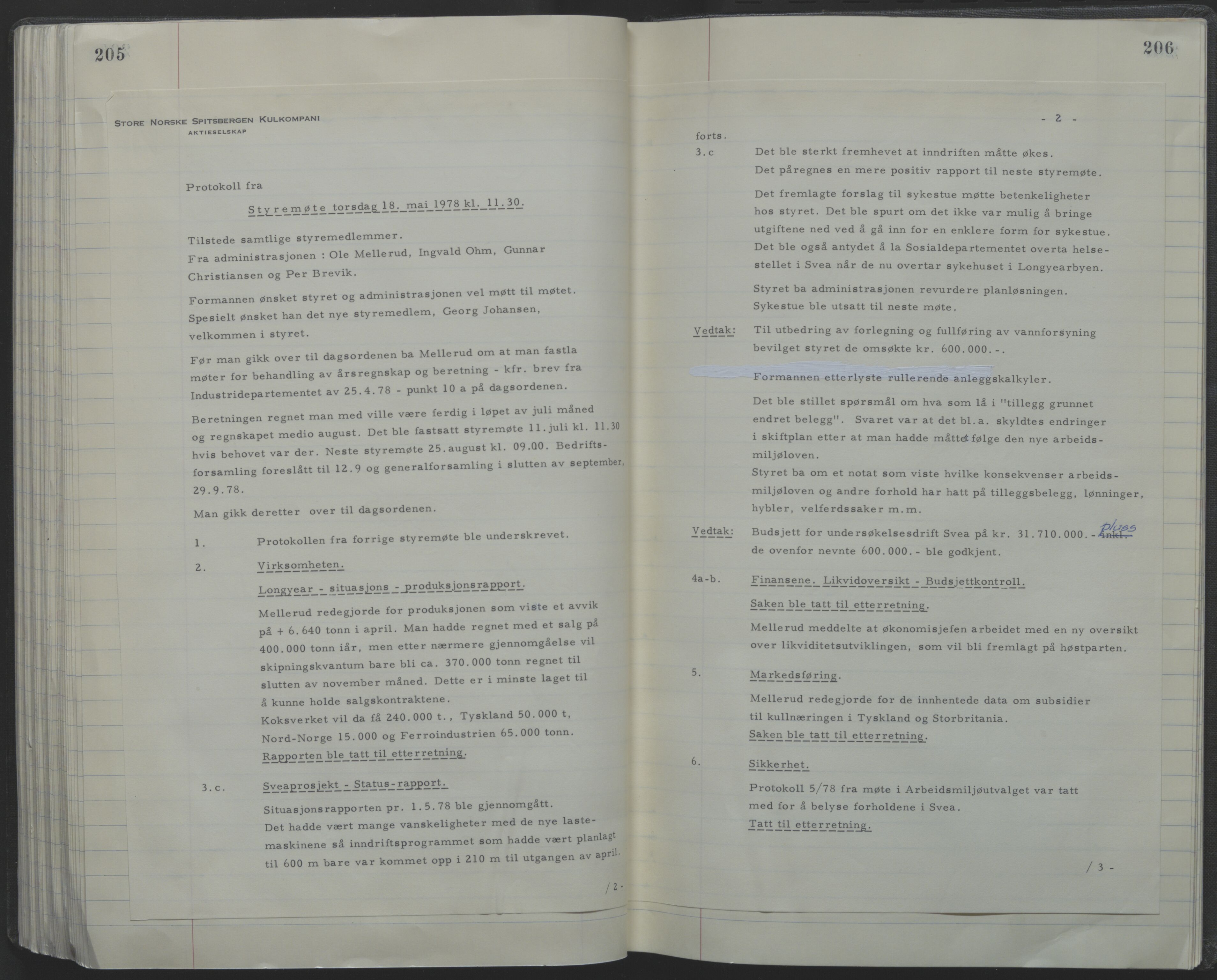Store Norske Spitsbergen Kulkompani A/S, AV/SATØ-P-0073/09/A/Ab/Aba/L0001: Styreprotokoll 6, 1970-1979, p. 205-206