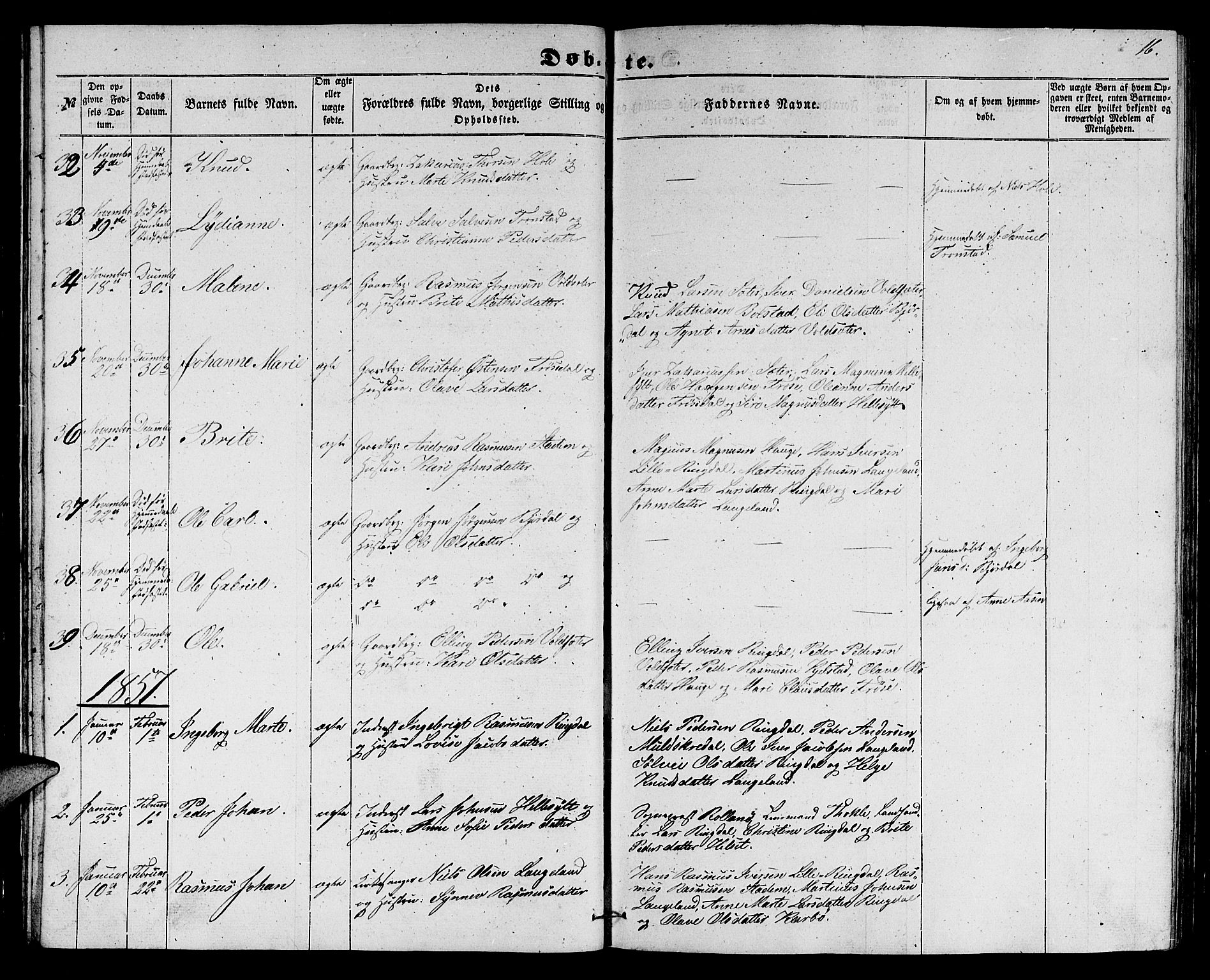 Ministerialprotokoller, klokkerbøker og fødselsregistre - Møre og Romsdal, SAT/A-1454/517/L0228: Parish register (copy) no. 517C01, 1854-1865, p. 16