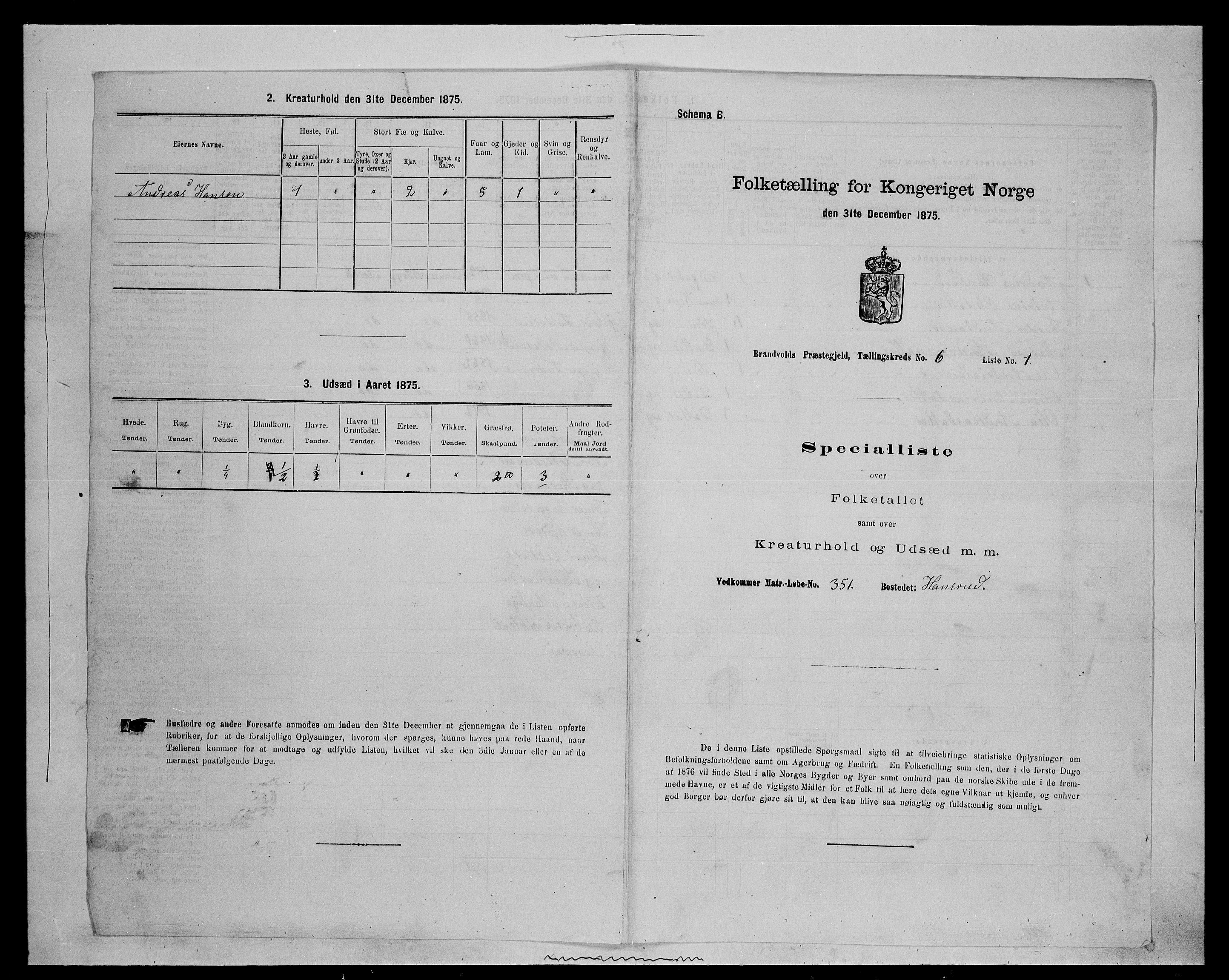 SAH, 1875 census for 0422P Brandval, 1875, p. 1012