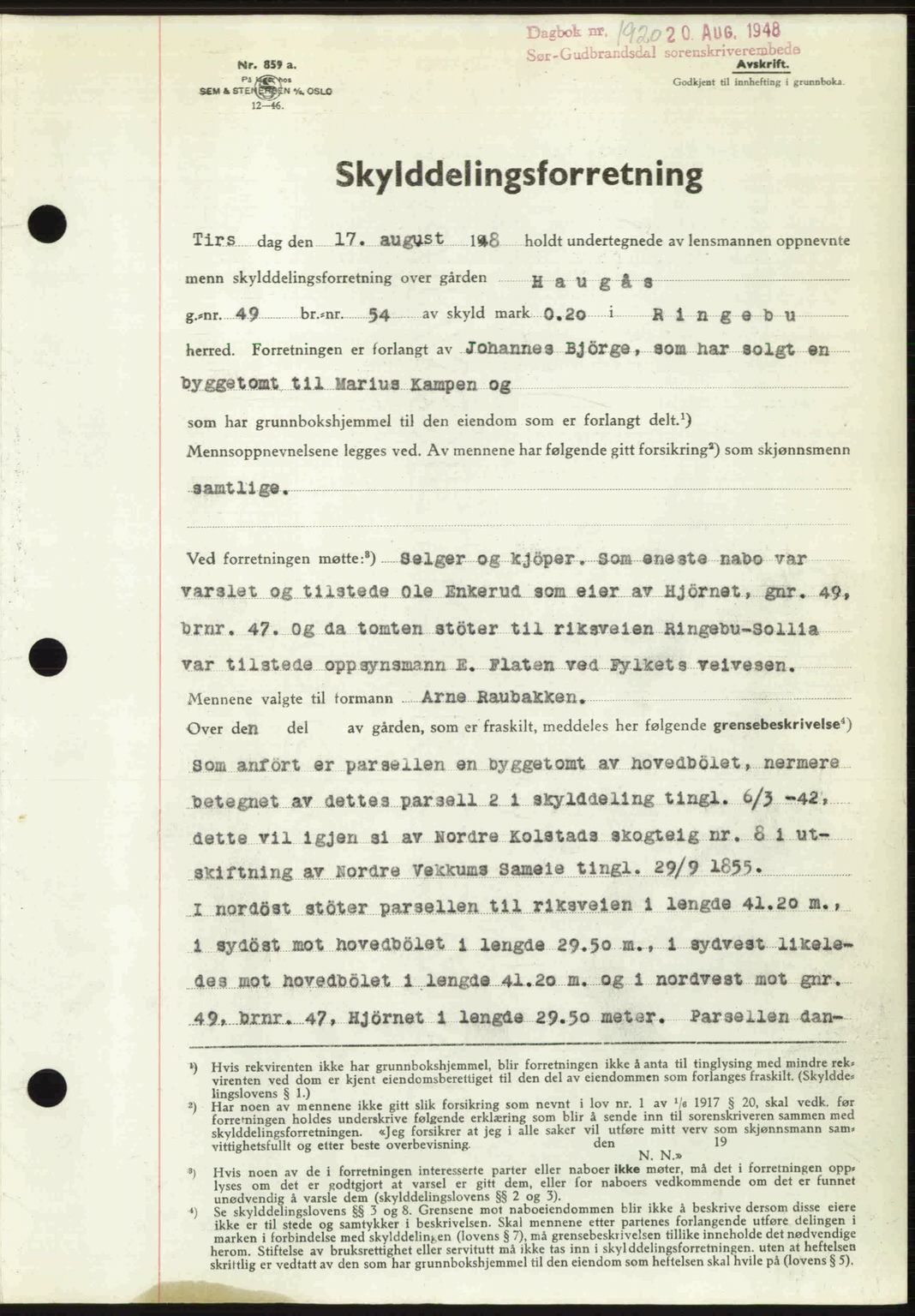 Sør-Gudbrandsdal tingrett, SAH/TING-004/H/Hb/Hbd/L0022: Mortgage book no. A22, 1948-1948, Diary no: : 1920/1948