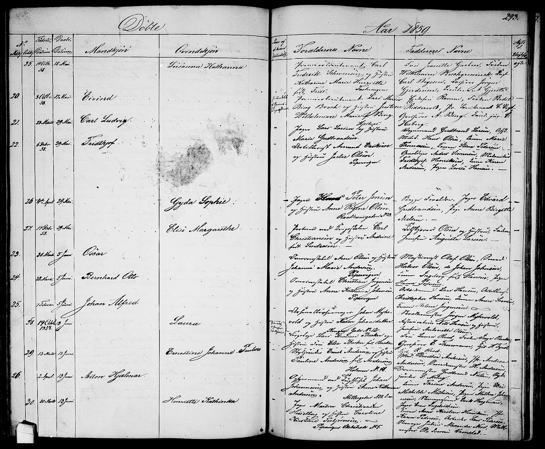 Garnisonsmenigheten Kirkebøker, AV/SAO-A-10846/G/Ga/L0005: Parish register (copy) no. 5, 1841-1860, p. 293