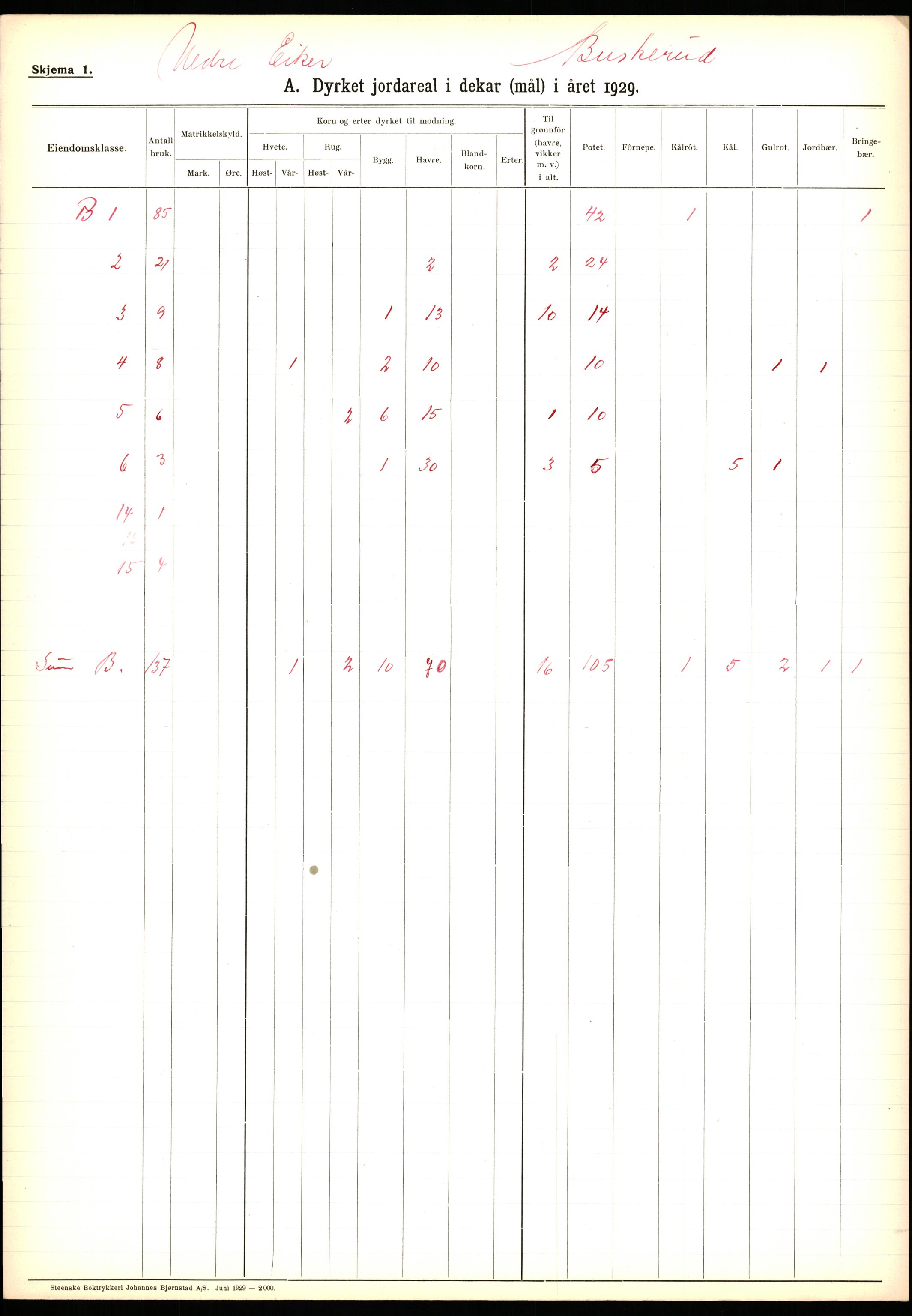 Statistisk sentralbyrå, Næringsøkonomiske emner, Jordbruk, skogbruk, jakt, fiske og fangst, AV/RA-S-2234/G/Ga/L0005: Buskerud, 1929, p. 489