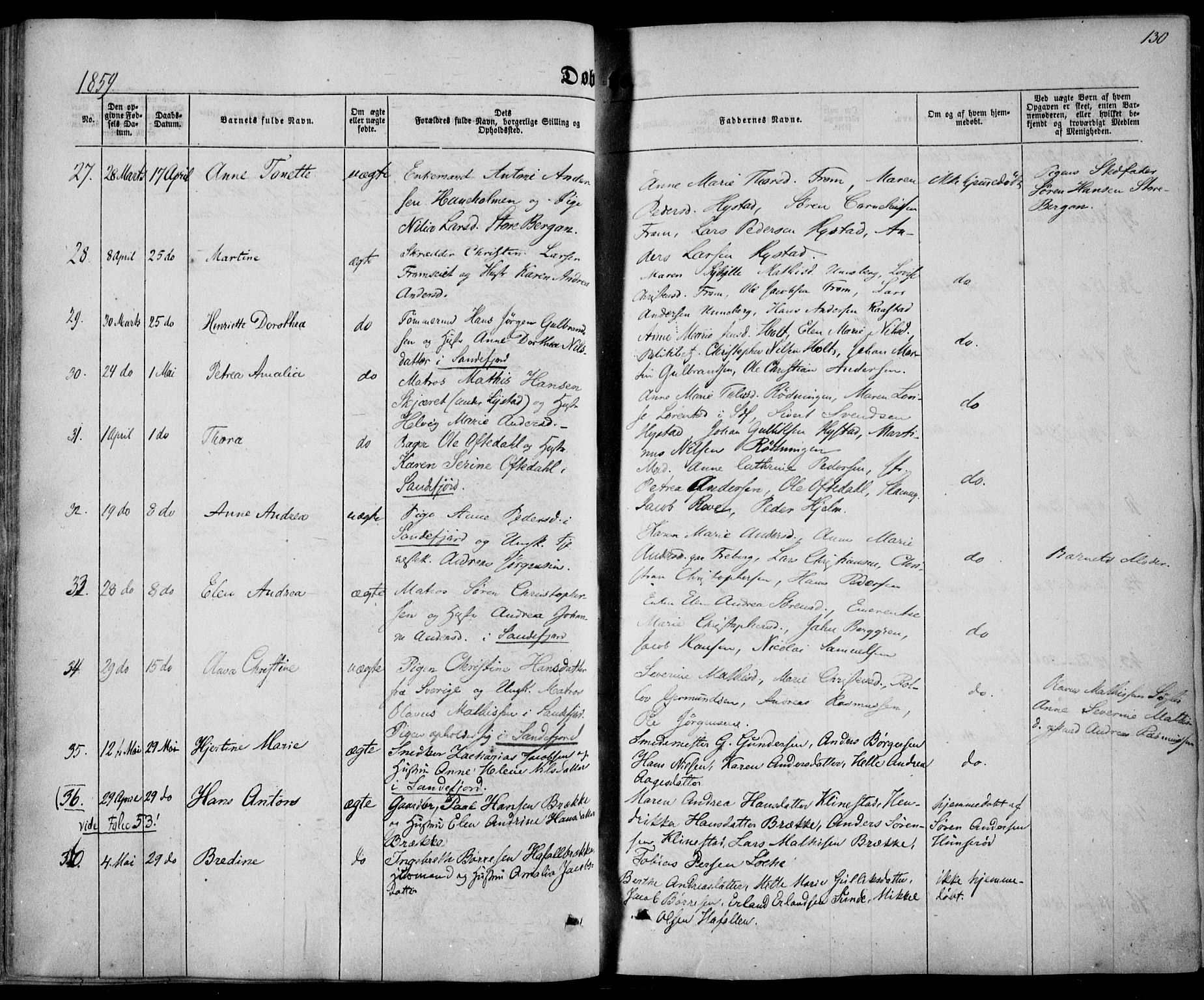 Sandar kirkebøker, SAKO/A-243/F/Fa/L0007: Parish register (official) no. 7, 1855-1861, p. 130