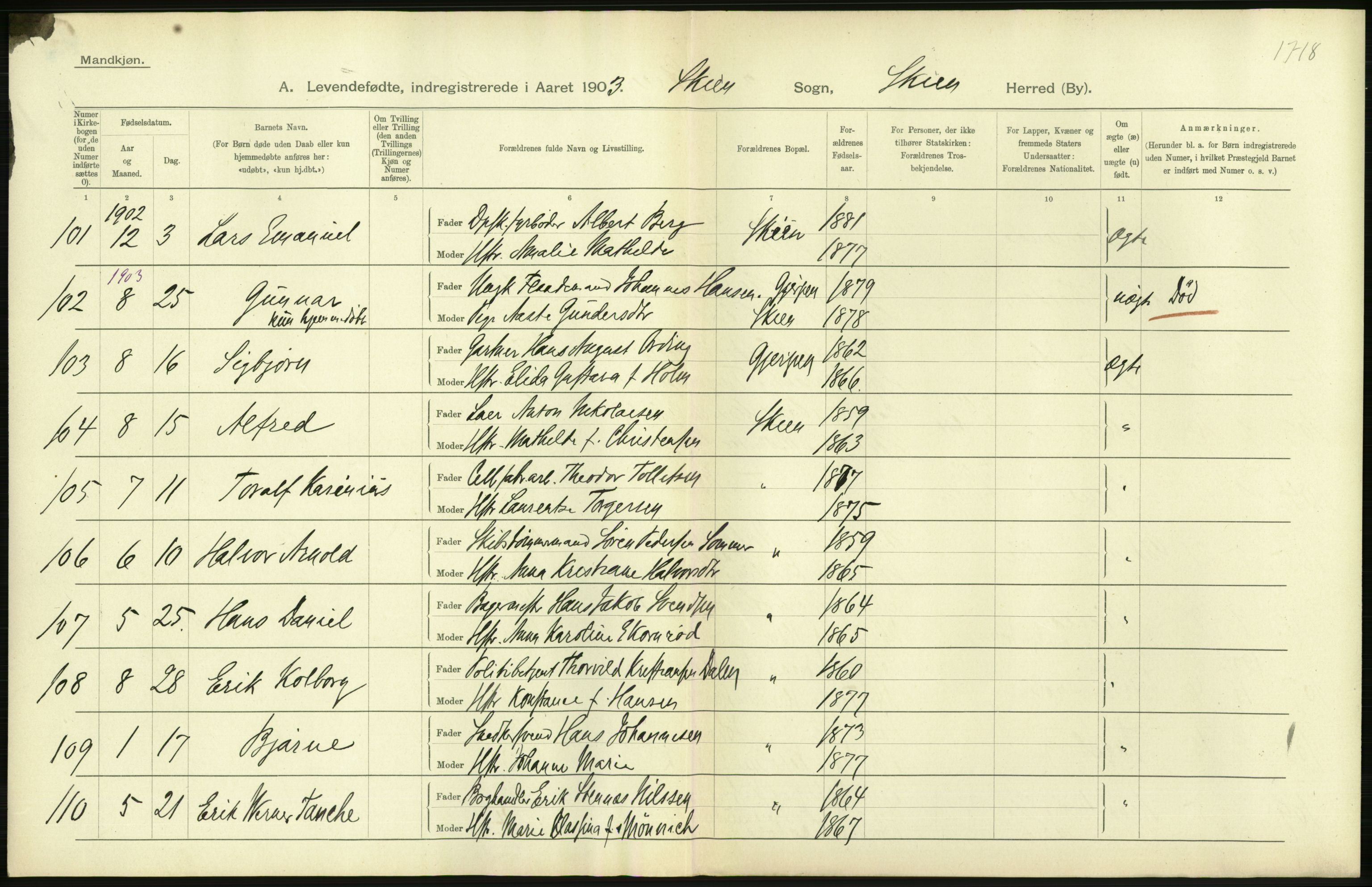 Statistisk sentralbyrå, Sosiodemografiske emner, Befolkning, AV/RA-S-2228/D/Df/Dfa/Dfaa/L0009: Bratsberg amt: Fødte, gifte, døde, 1903, p. 292