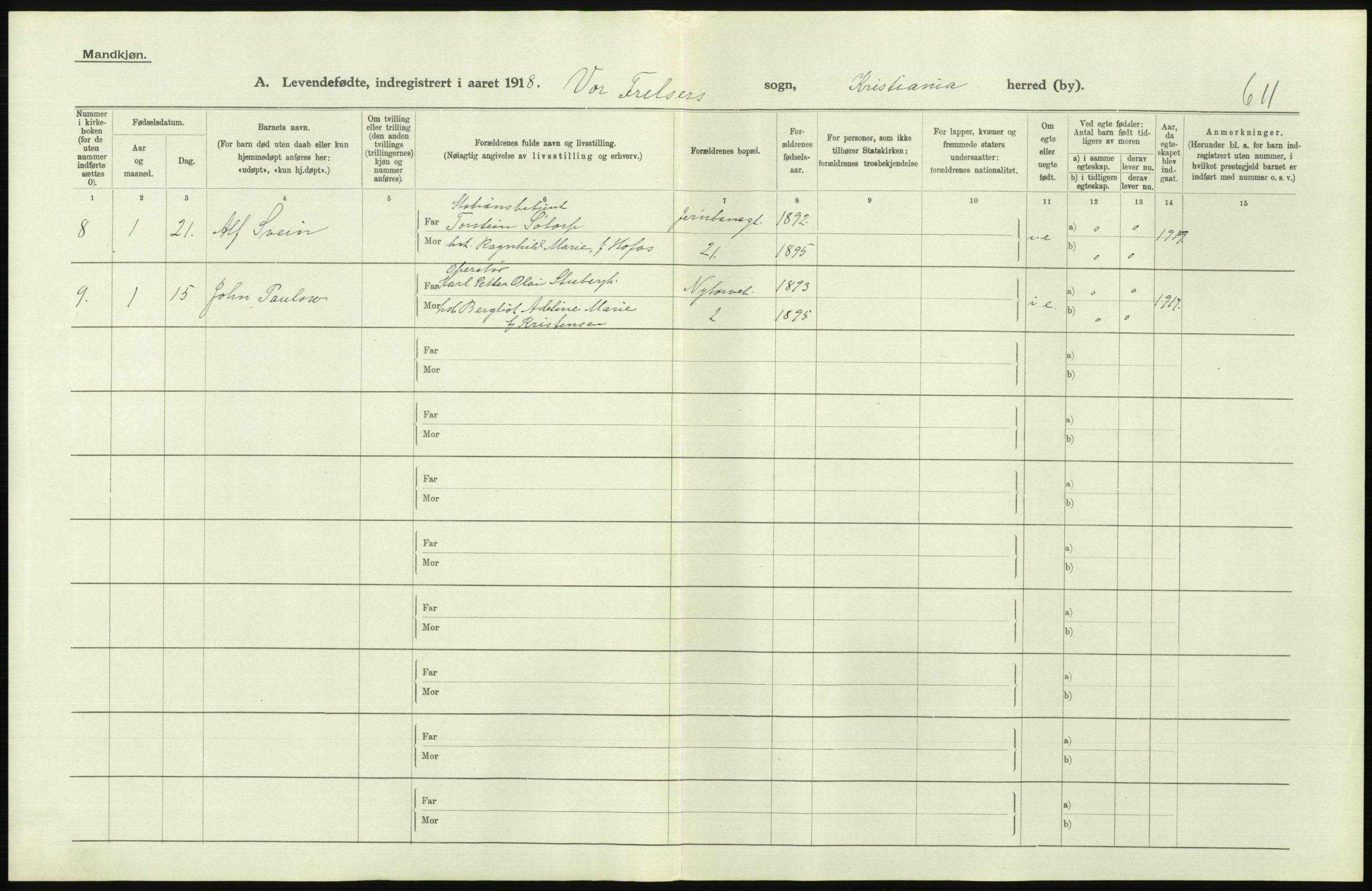 Statistisk sentralbyrå, Sosiodemografiske emner, Befolkning, AV/RA-S-2228/D/Df/Dfb/Dfbh/L0008: Kristiania: Levendefødte menn og kvinner., 1918, p. 552