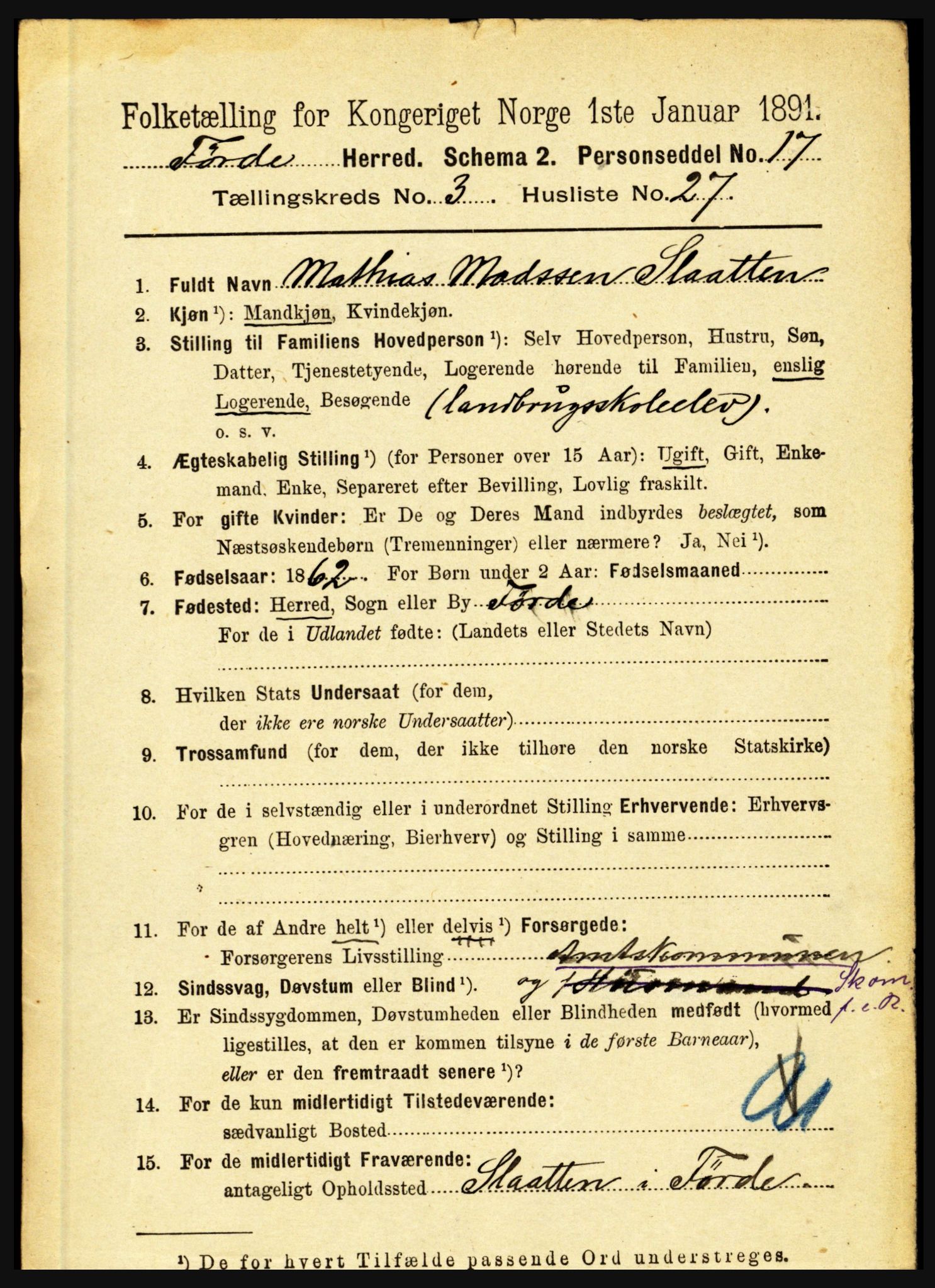 RA, 1891 census for 1432 Førde, 1891, p. 998