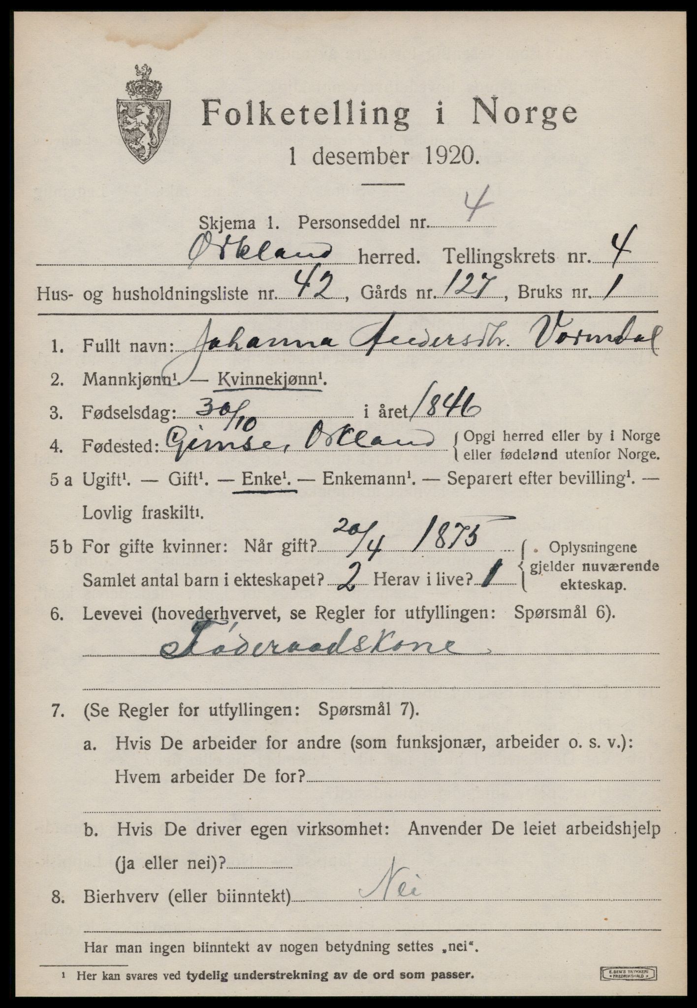 SAT, 1920 census for Orkland, 1920, p. 3796