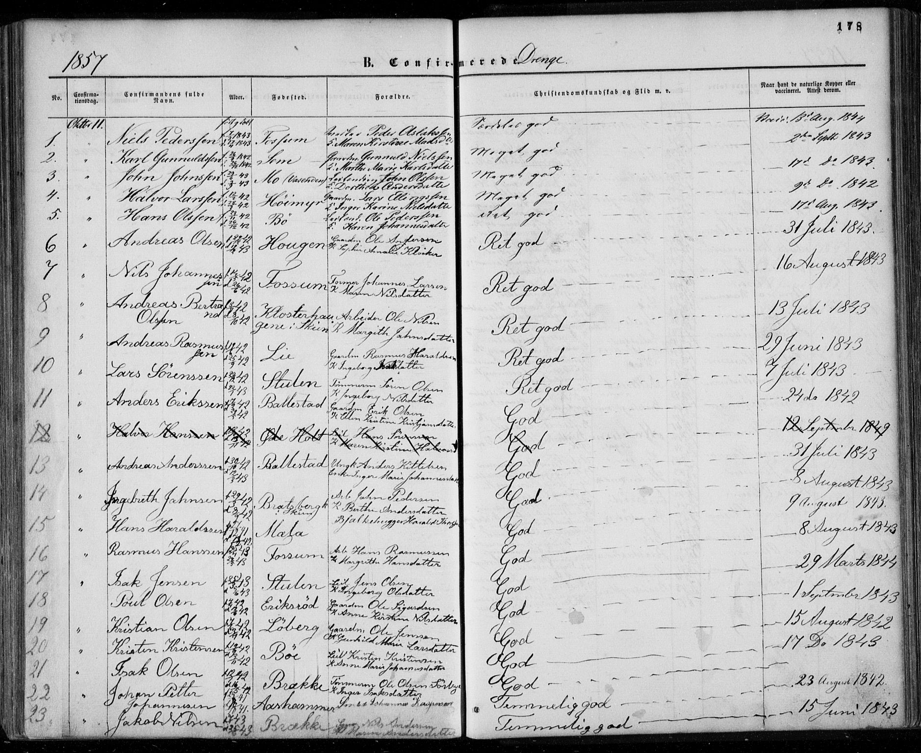 Gjerpen kirkebøker, SAKO/A-265/F/Fa/L0008a: Parish register (official) no. I 8A, 1857-1871, p. 178