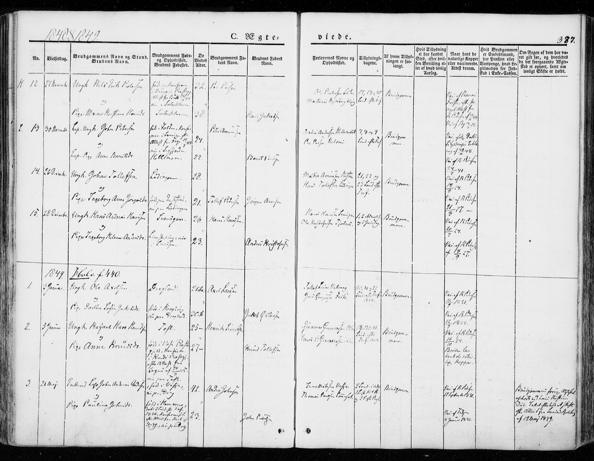 Ministerialprotokoller, klokkerbøker og fødselsregistre - Nordland, SAT/A-1459/872/L1033: Parish register (official) no. 872A08, 1840-1863, p. 387