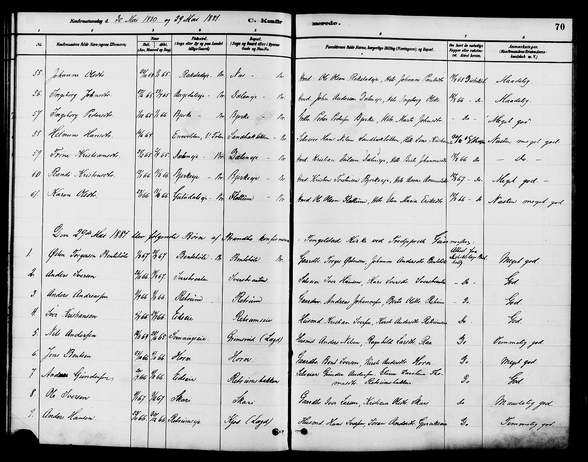 Gran prestekontor, SAH/PREST-112/H/Ha/Haa/L0015: Parish register (official) no. 15, 1880-1888, p. 70