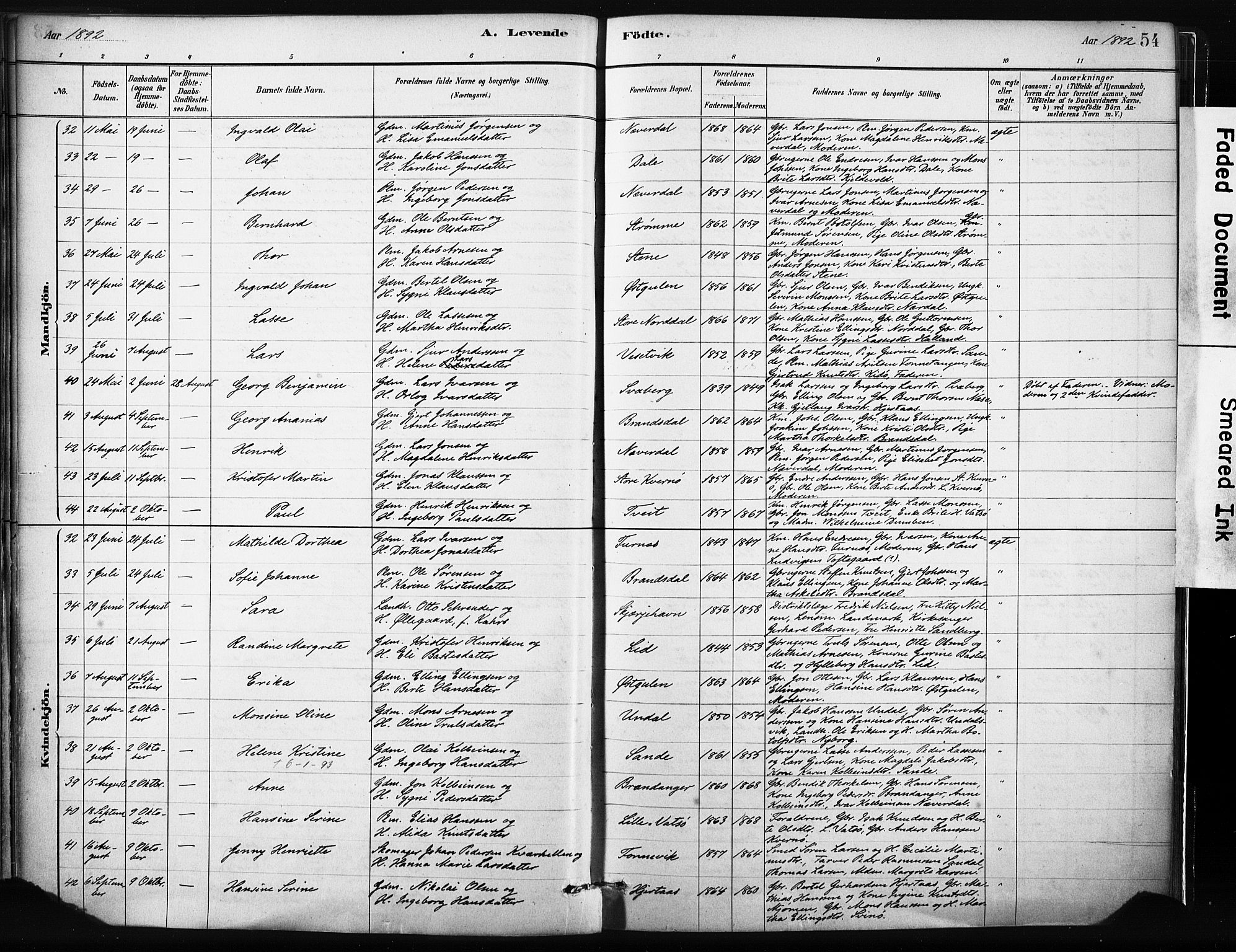 Gulen sokneprestembete, AV/SAB-A-80201/H/Haa/Haab/L0001: Parish register (official) no. B 1, 1881-1905, p. 54