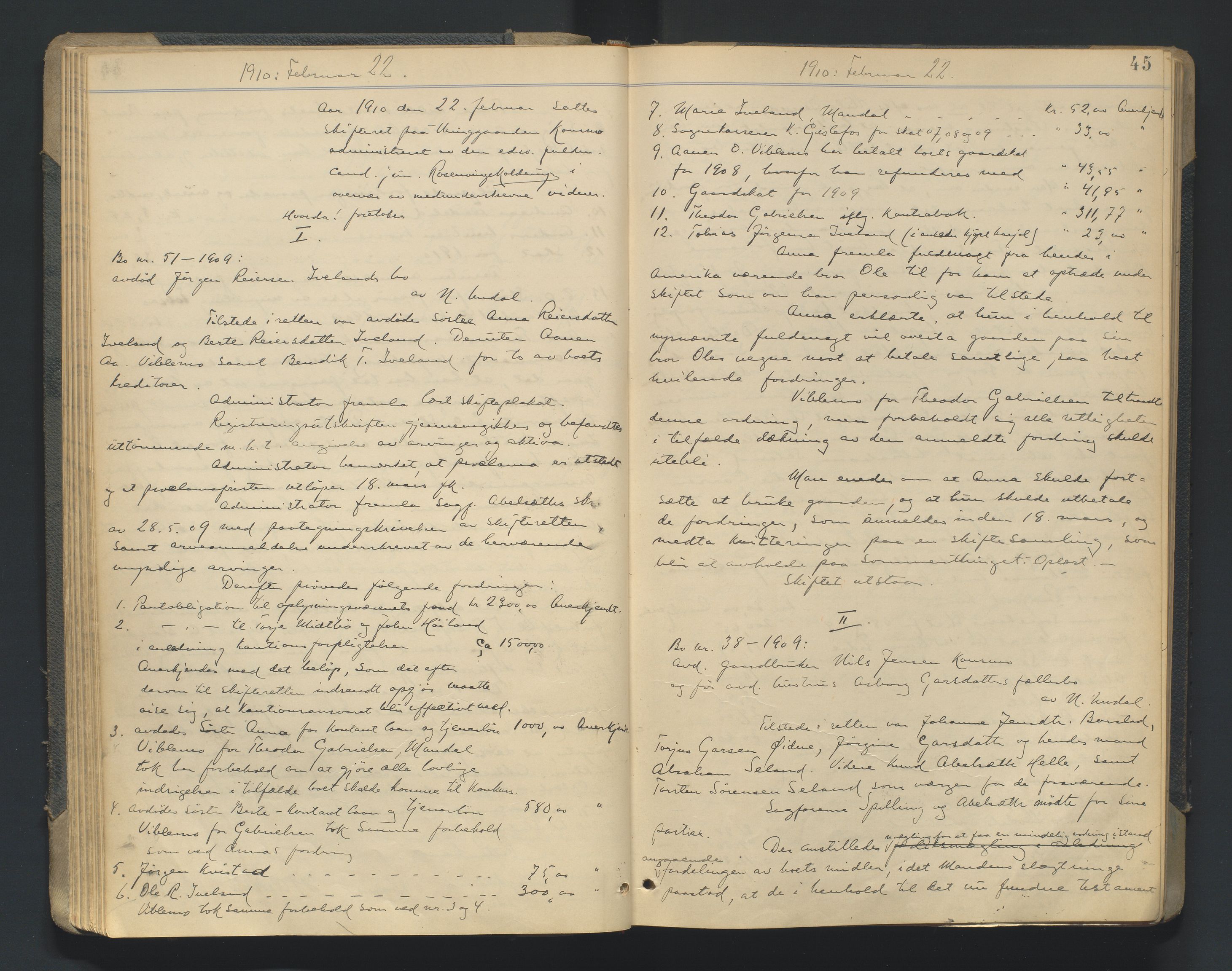 Mandal sorenskriveri, AV/SAK-1221-0005/001/H/Hc/L0081: Skifteforhandlingsprotokoll nr 13, 1909-1913, p. 45