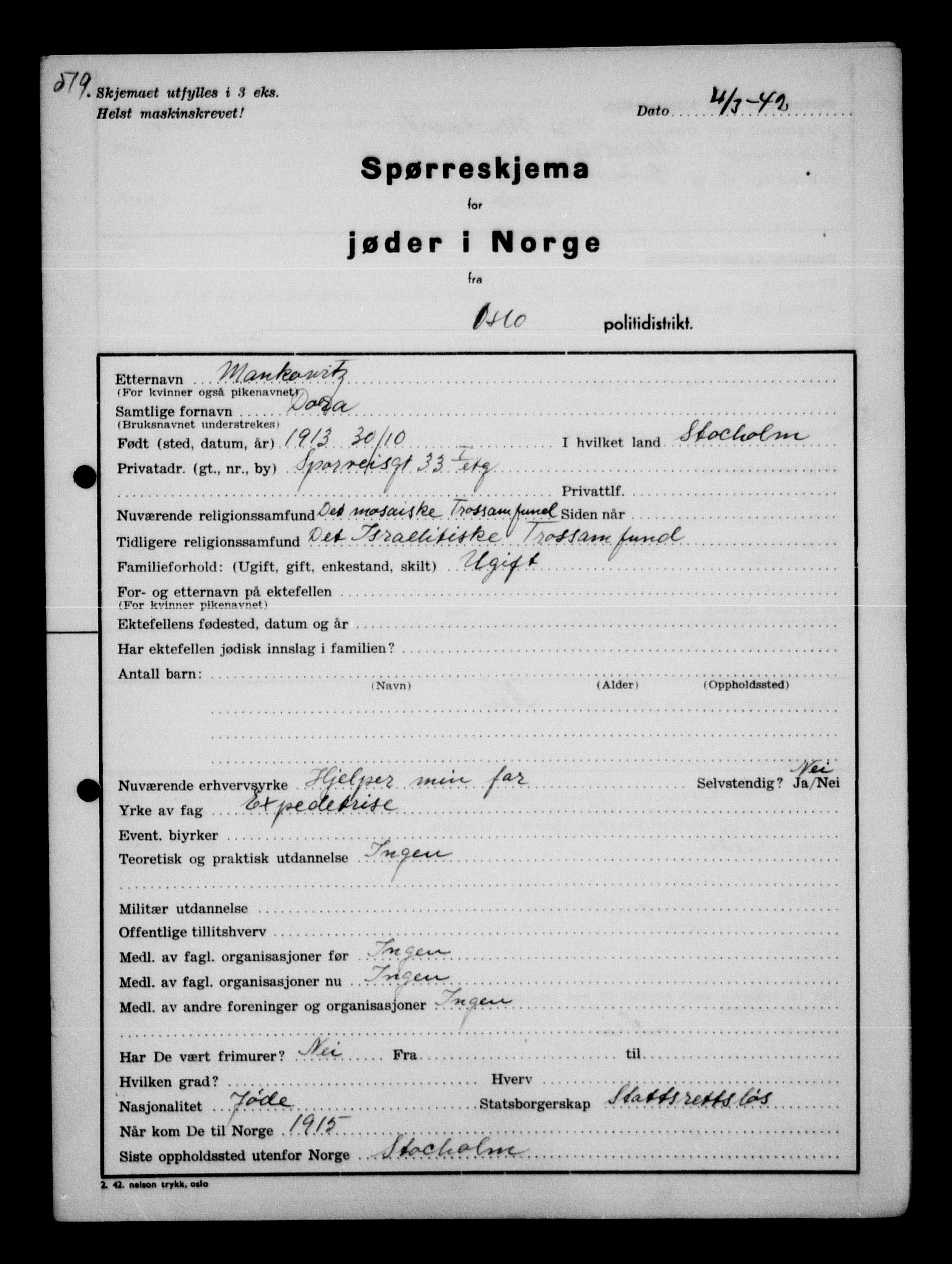 Statspolitiet - Hovedkontoret / Osloavdelingen, AV/RA-S-1329/G/Ga/L0010: Spørreskjema for jøder i Norge, Oslo Hansen-Pintzow, 1942, p. 776