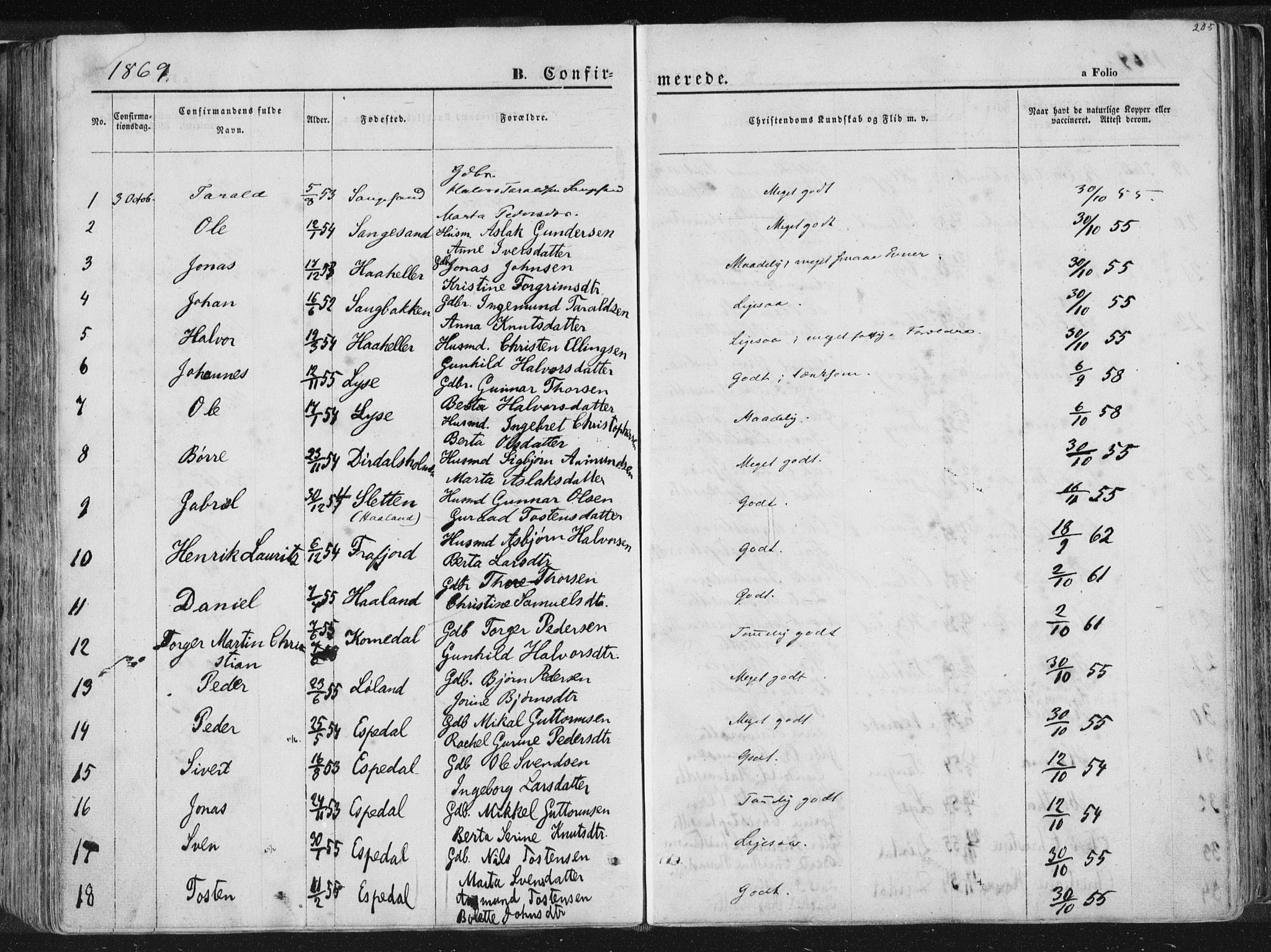 Høgsfjord sokneprestkontor, SAST/A-101624/H/Ha/Haa/L0001: Parish register (official) no. A 1, 1854-1875, p. 205