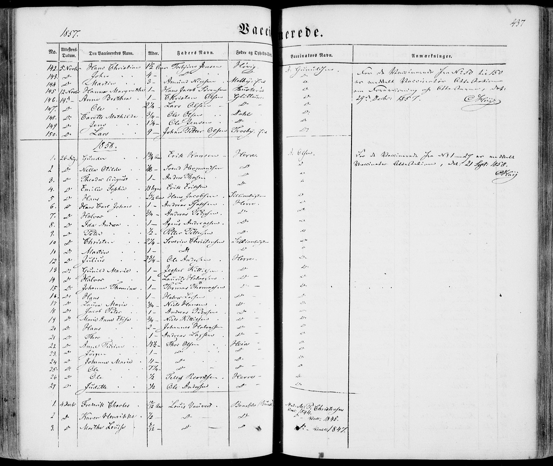 Bamble kirkebøker, SAKO/A-253/F/Fa/L0005: Parish register (official) no. I 5, 1854-1869, p. 437