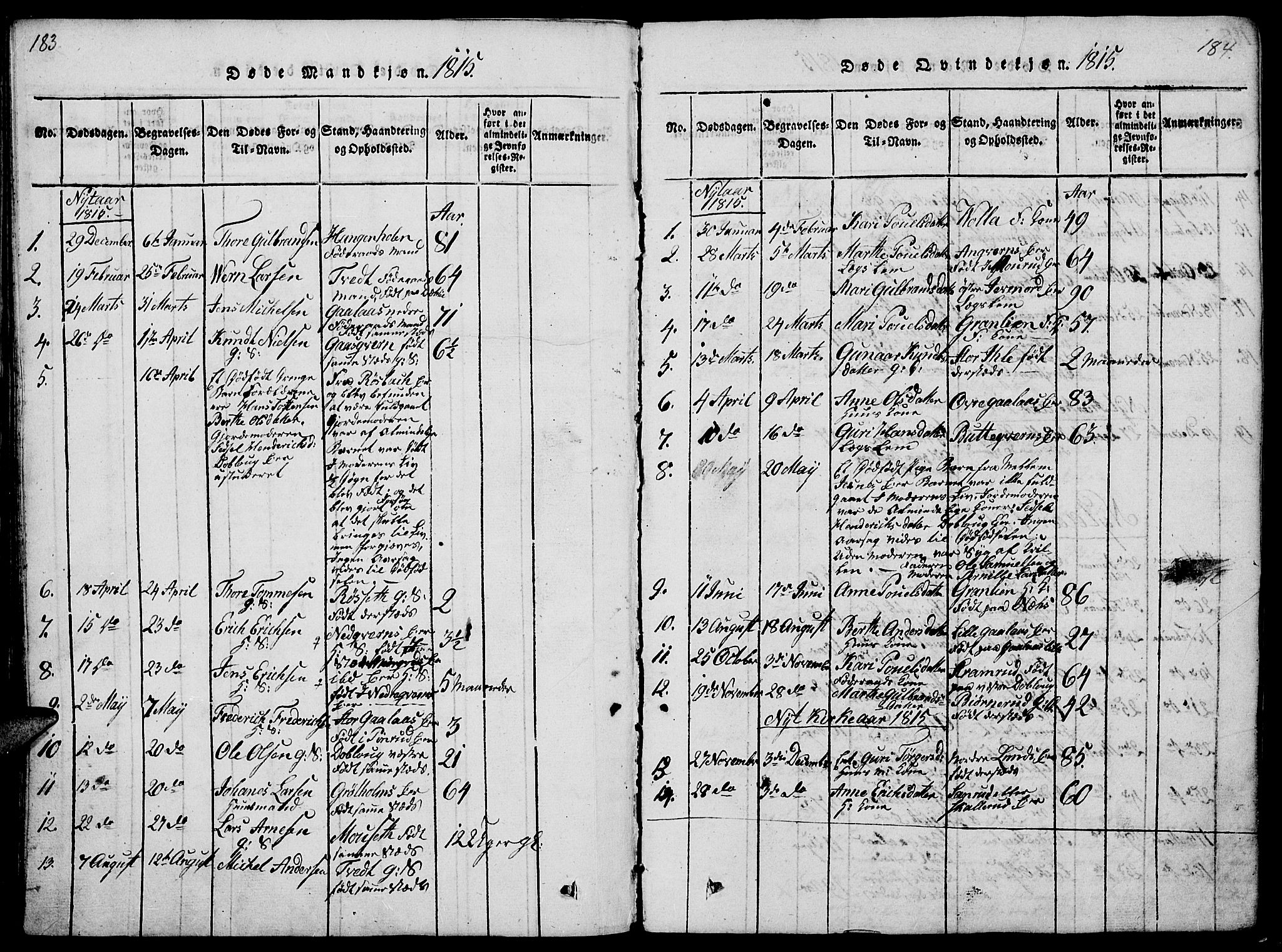 Vang prestekontor, Hedmark, SAH/PREST-008/H/Ha/Haa/L0008: Parish register (official) no. 8, 1815-1826, p. 183-184