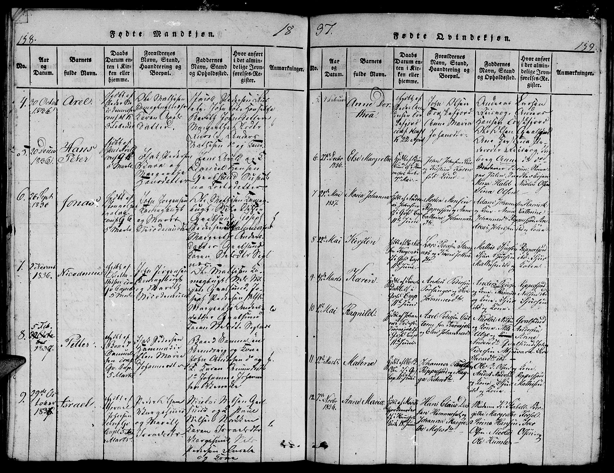 Hammerfest sokneprestkontor, AV/SATØ-S-1347/H/Hb/L0001.klokk: Parish register (copy) no. 1, 1822-1850, p. 158-159