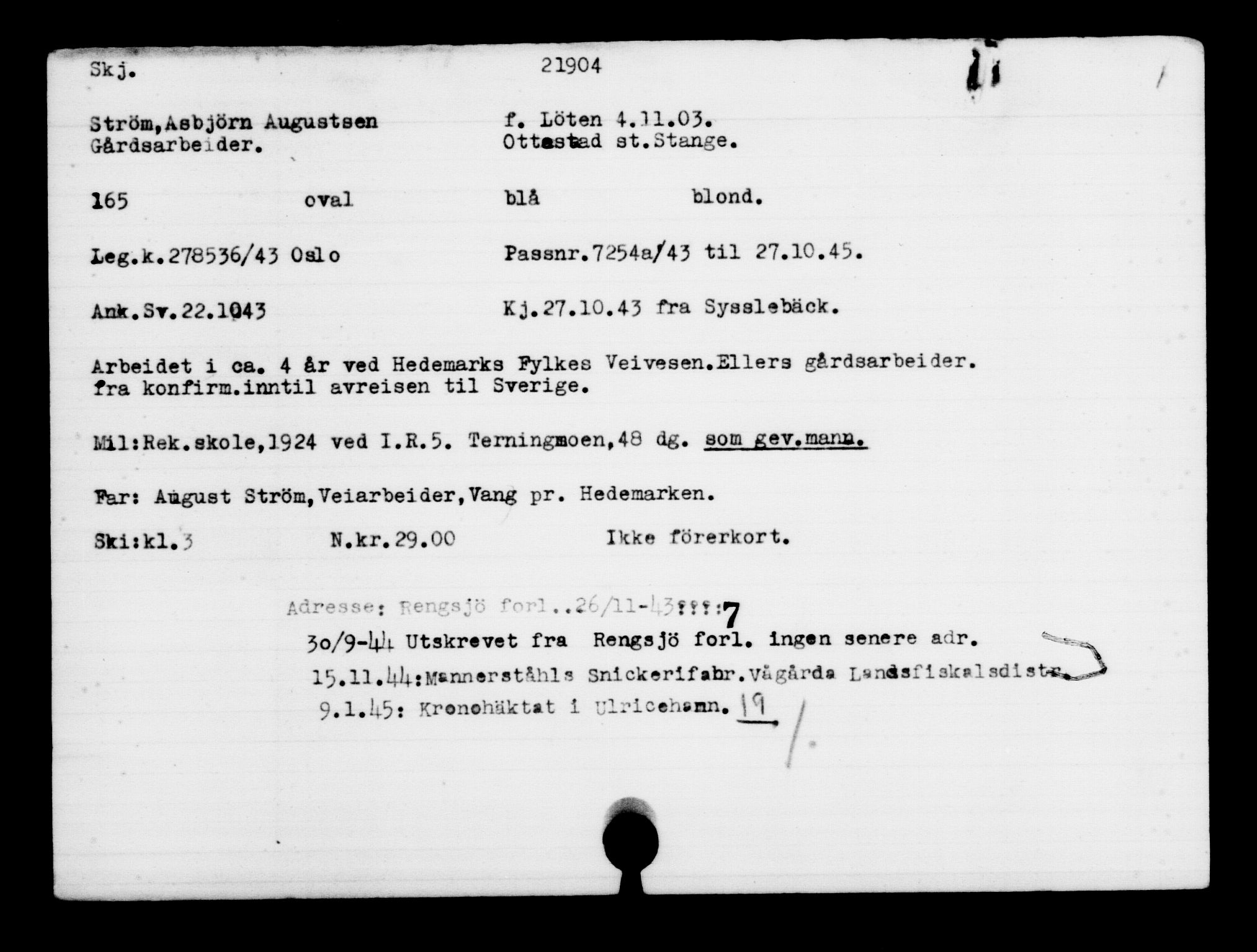 Utenriksstasjonene, Legasjonen i Stockholm, Flyktningkontoret, AV/RA-S-6753/V/Va/L0009: Kjesäterkartoteket, flyktninger med registreringsnr. 18502-22048, 1940-1945, p. 2941