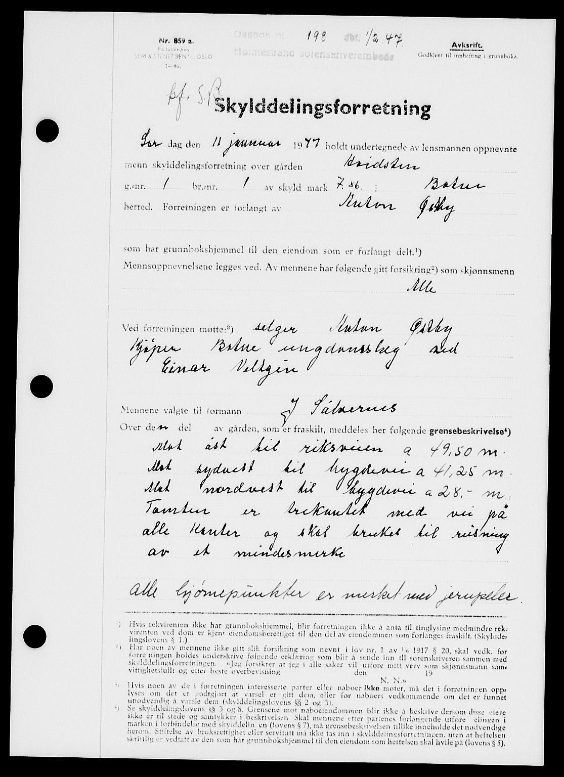 Holmestrand sorenskriveri, AV/SAKO-A-67/G/Ga/Gaa/L0061: Mortgage book no. A-61, 1946-1947, Diary no: : 198/1947