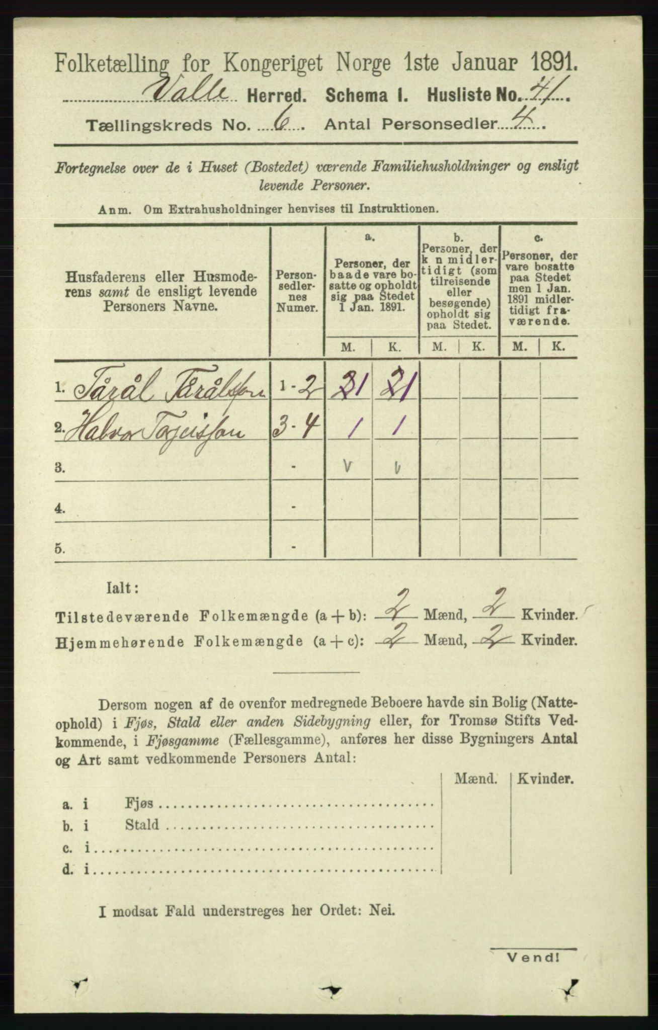 RA, 1891 census for 0940 Valle, 1891, p. 1676