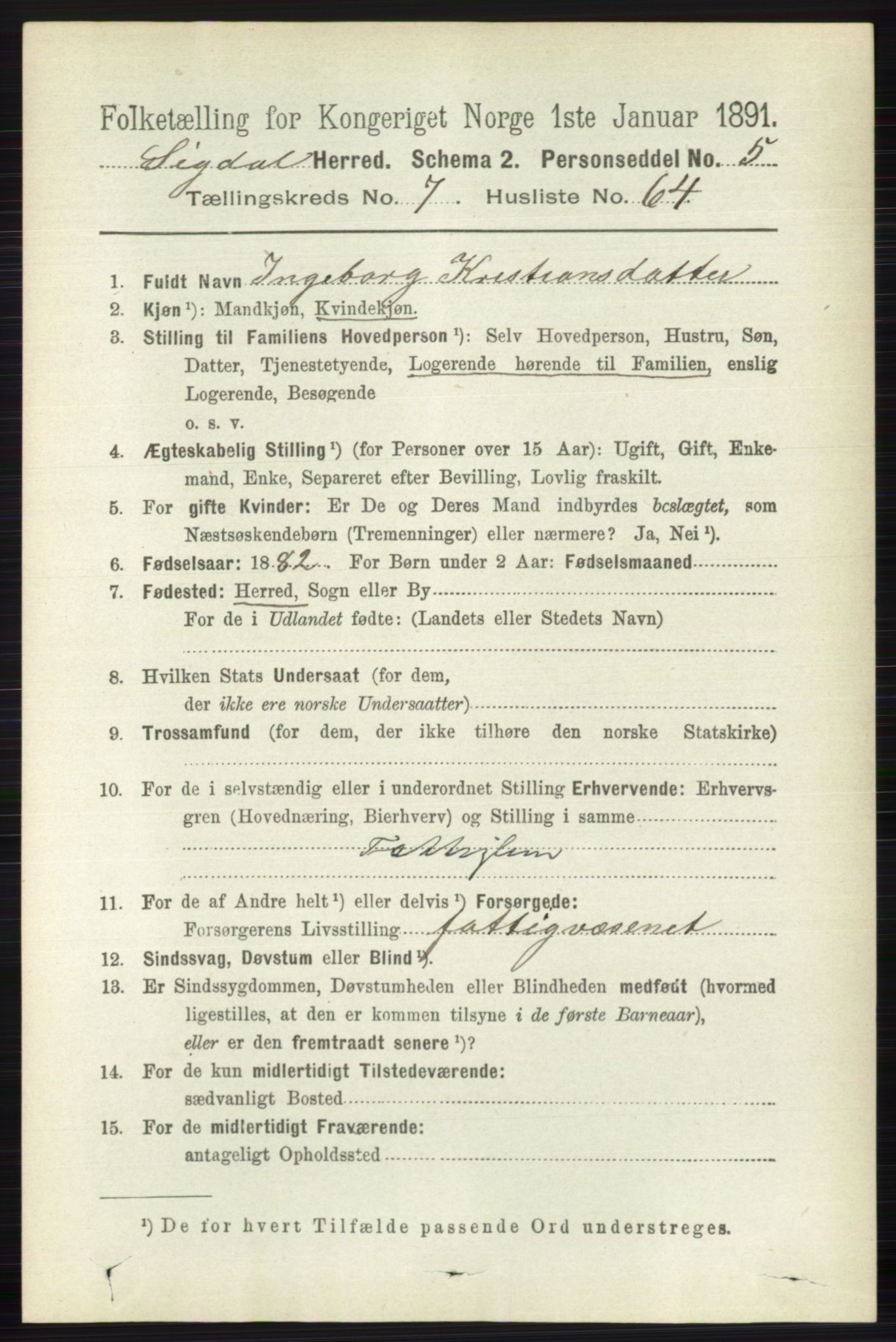 RA, 1891 census for 0621 Sigdal, 1891, p. 3089