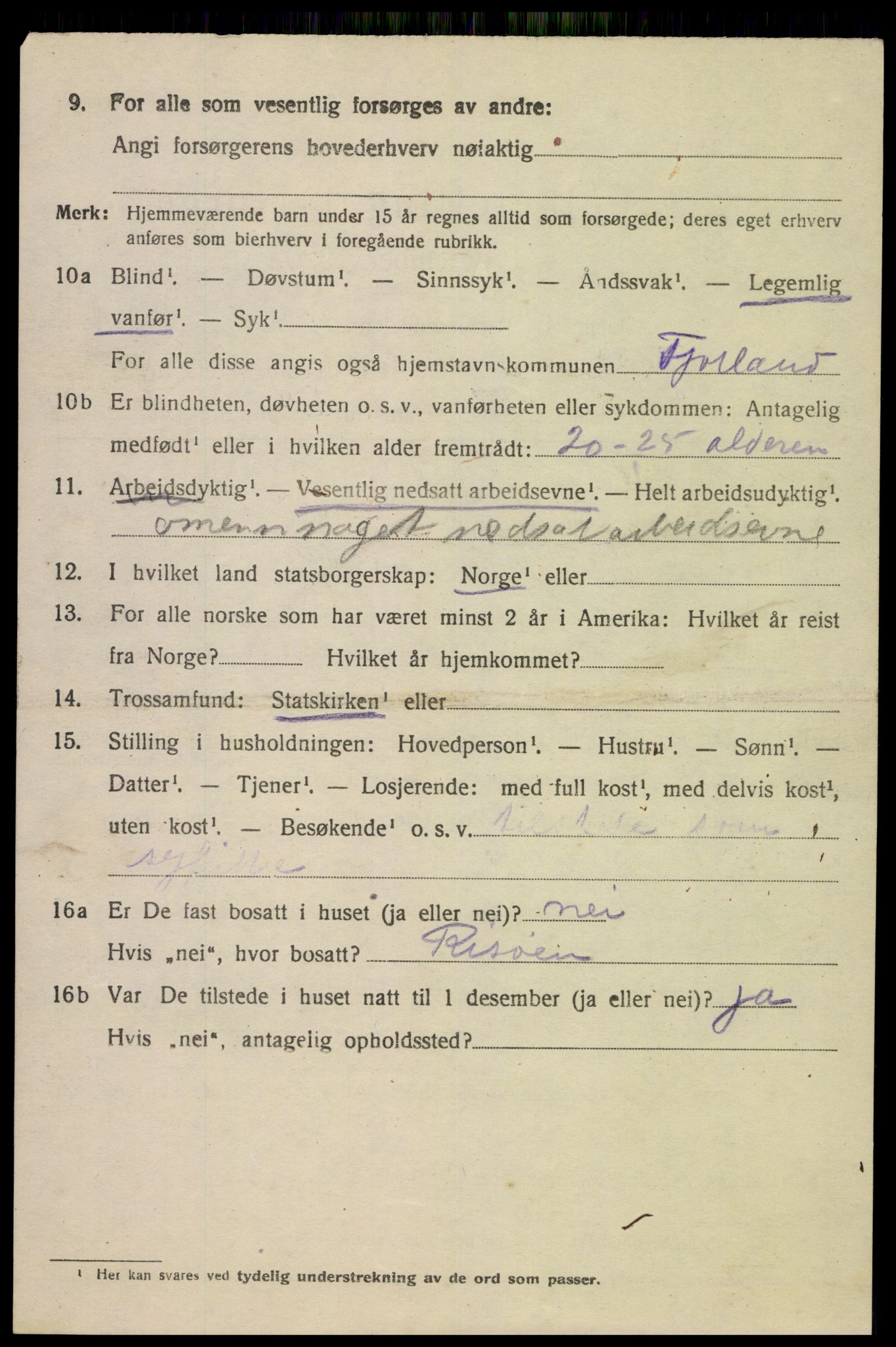 SAK, 1920 census for Fjotland, 1920, p. 1807